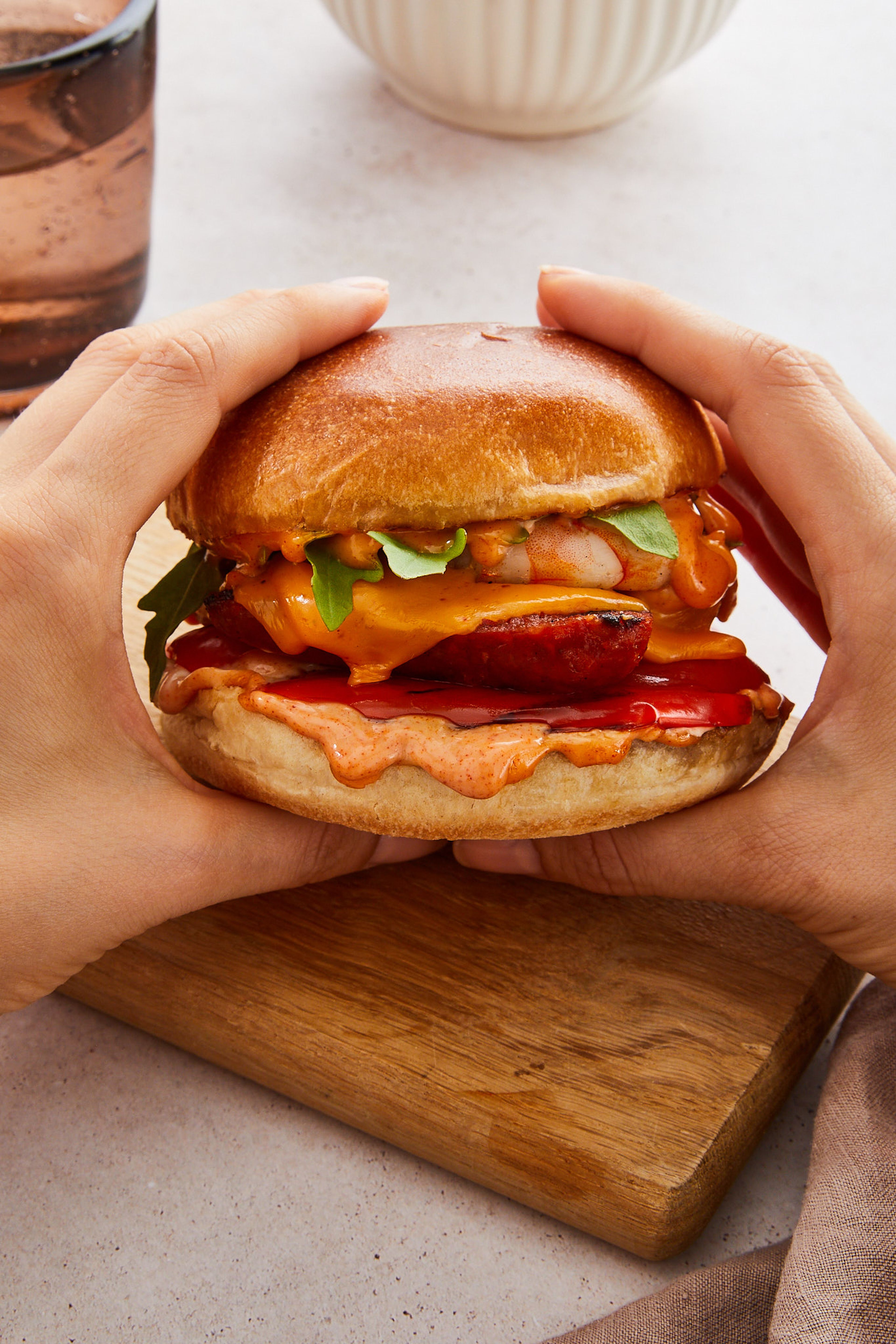 Grilled chorizo and shrimp cheeseburger