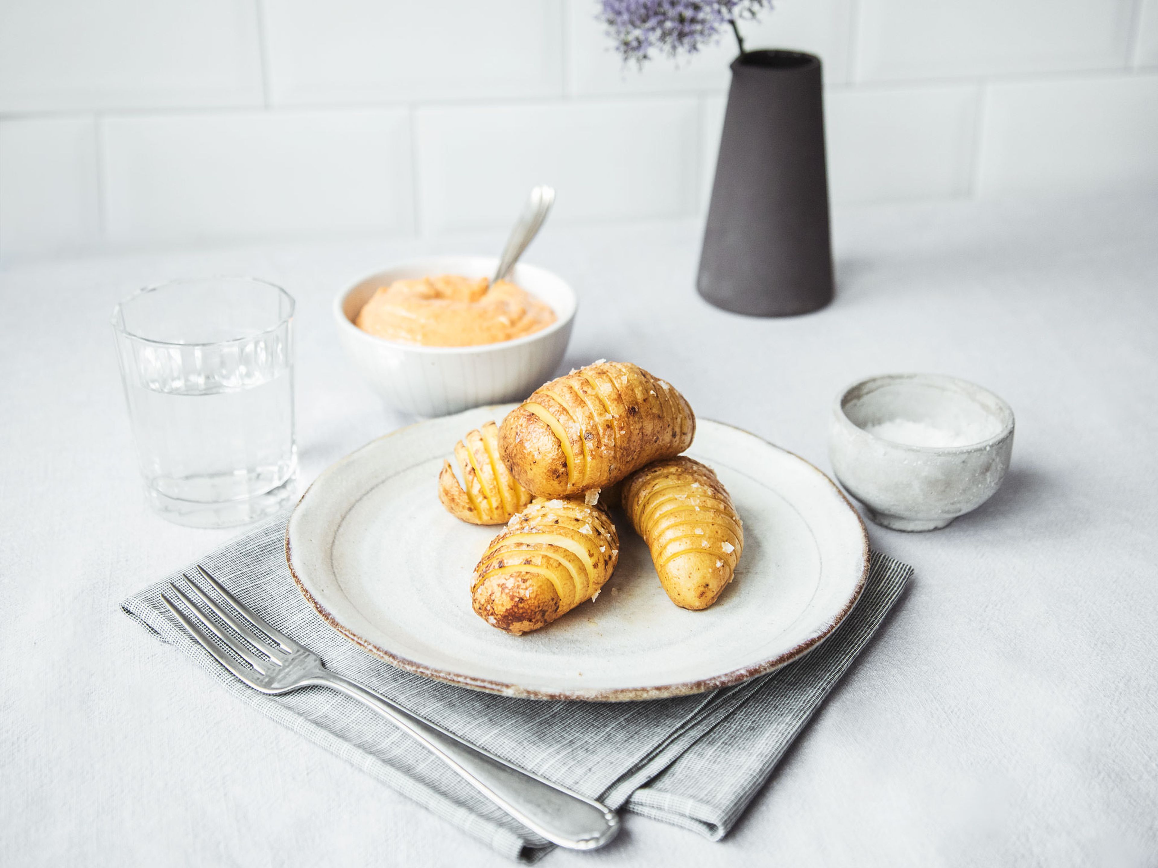 Hasselback potatoes with sun-dried tomato aioli