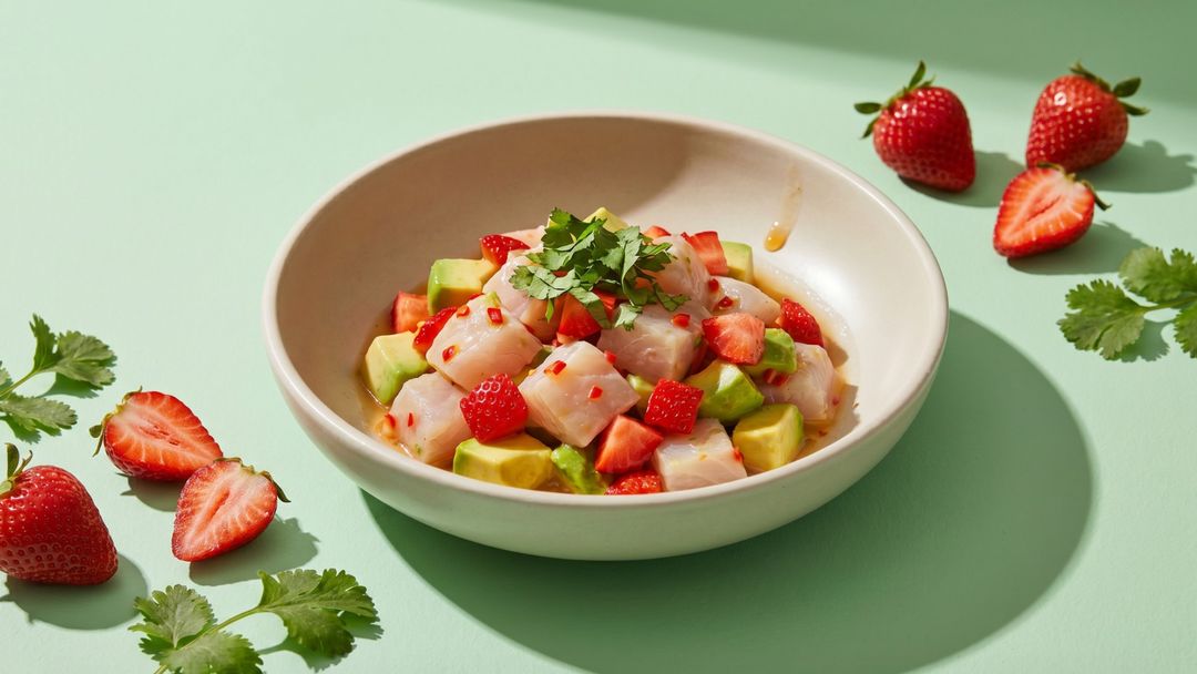 Peruanischer Klassiker neu interpretiert: Zander-Ceviche mit Erdbeeren und Avocado