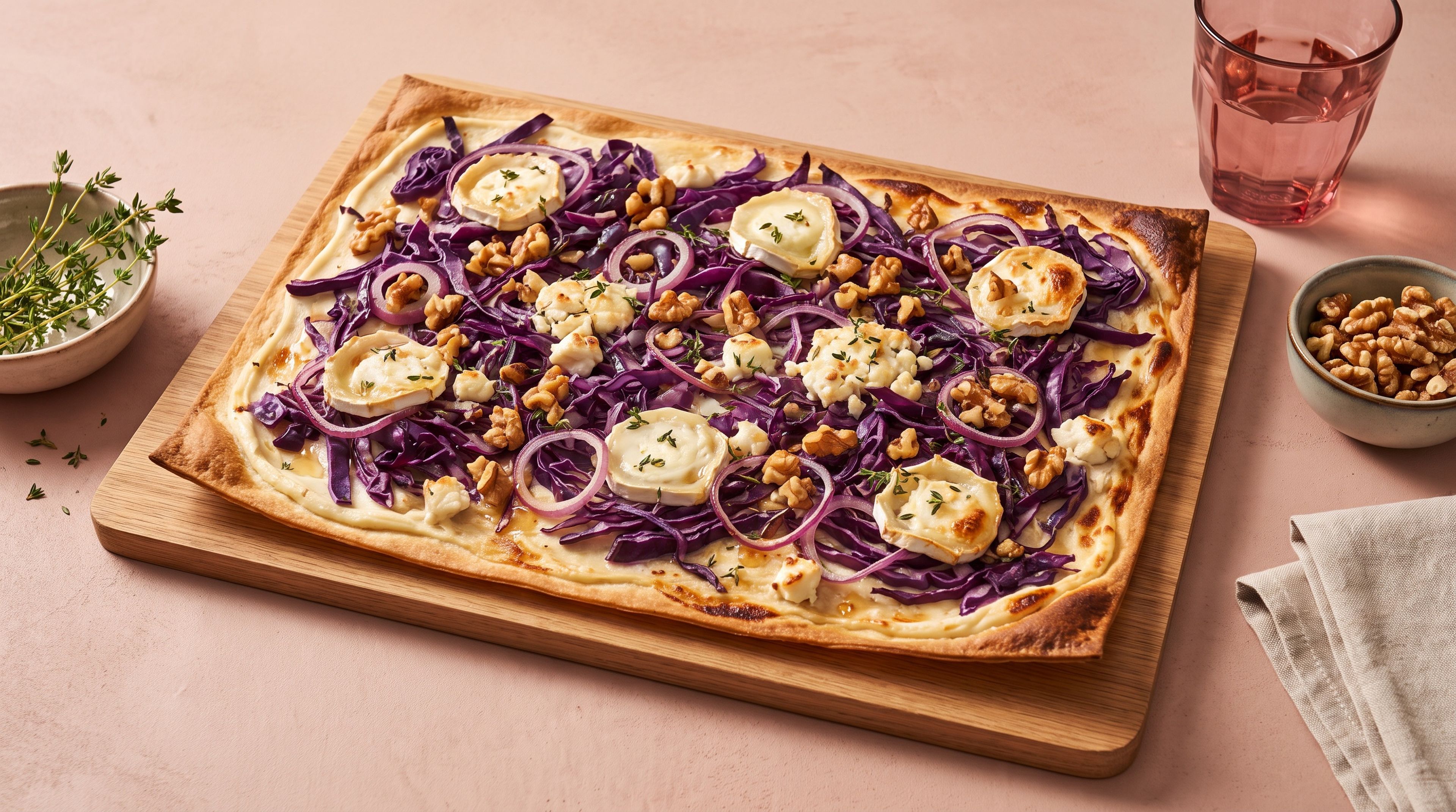 Herzhaftes Ofenglück: Knuspriger Flammkuchen mit Rotkohl, Ziegenkäse und Walnüssen