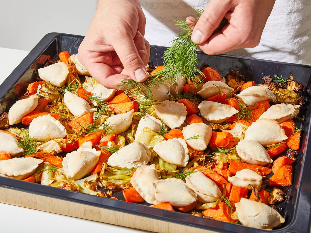 Easy sheet pan pierogi with vegetables and dill dip Recipe Kitchen
