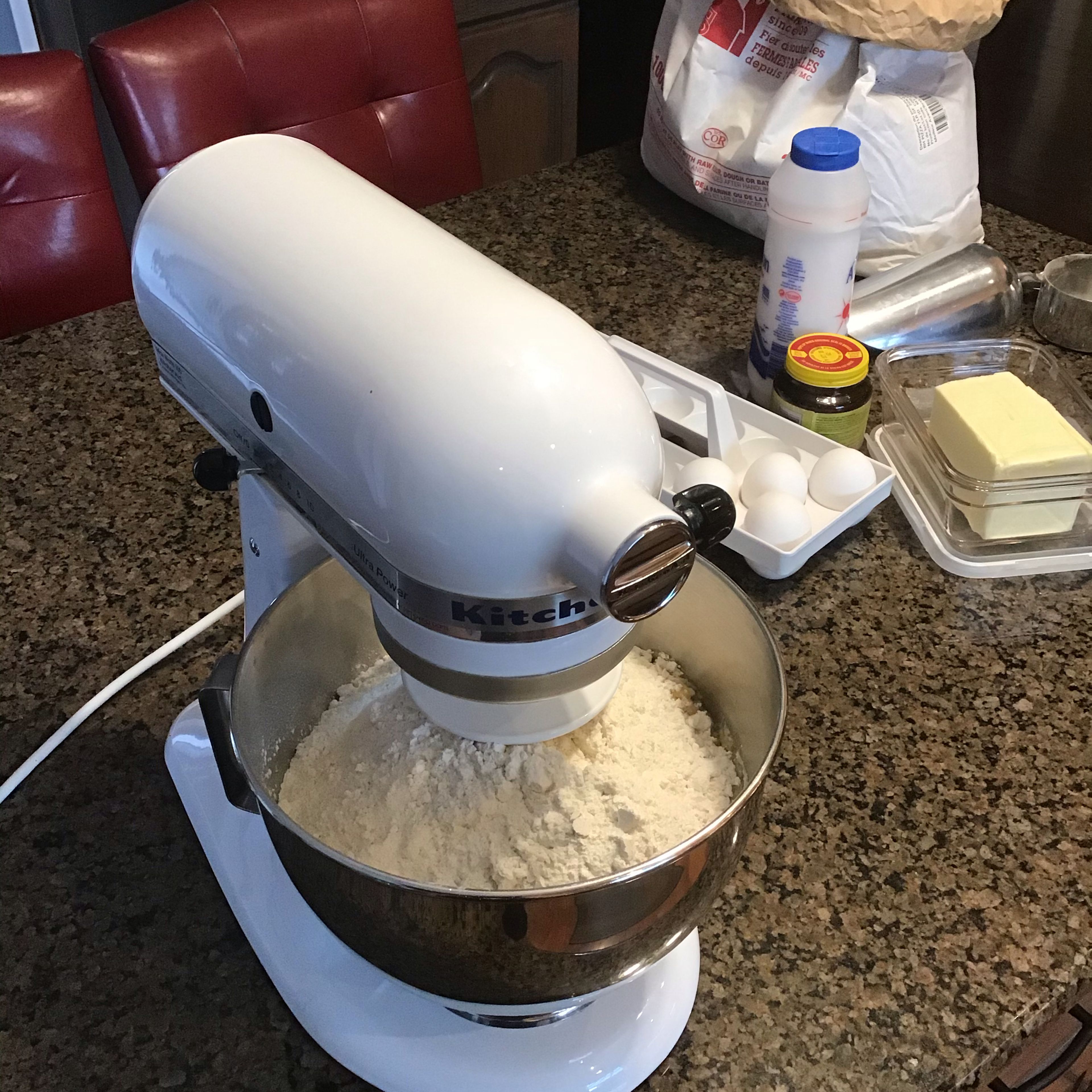 Dump flour mixture into stand mixer bowl on top of liquid ingredients. Attach dough hook, lower and lock head in place and turn mixer on at lowest speed.
