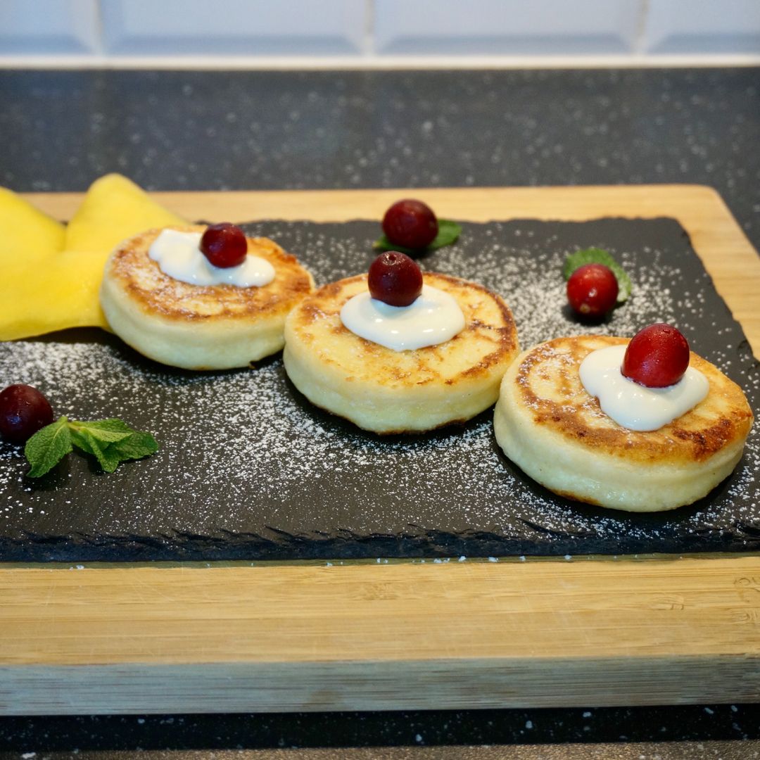 Syrniki or fried Eastern Slavic quark pancakes