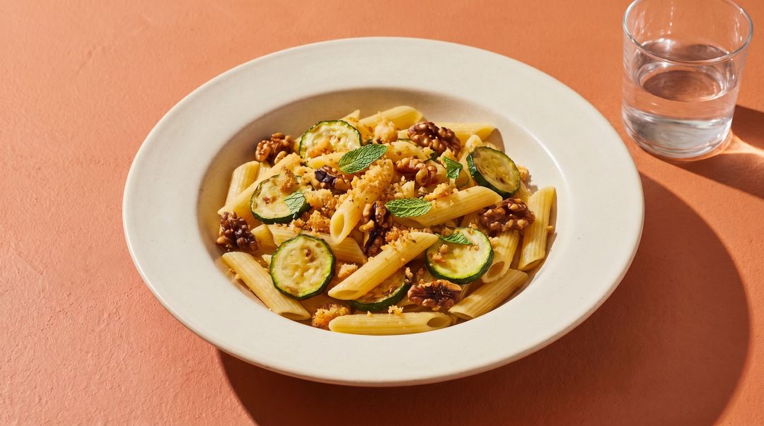 Sommerliche Penne mit gerösteten Zucchini, Walnüssen und Minze