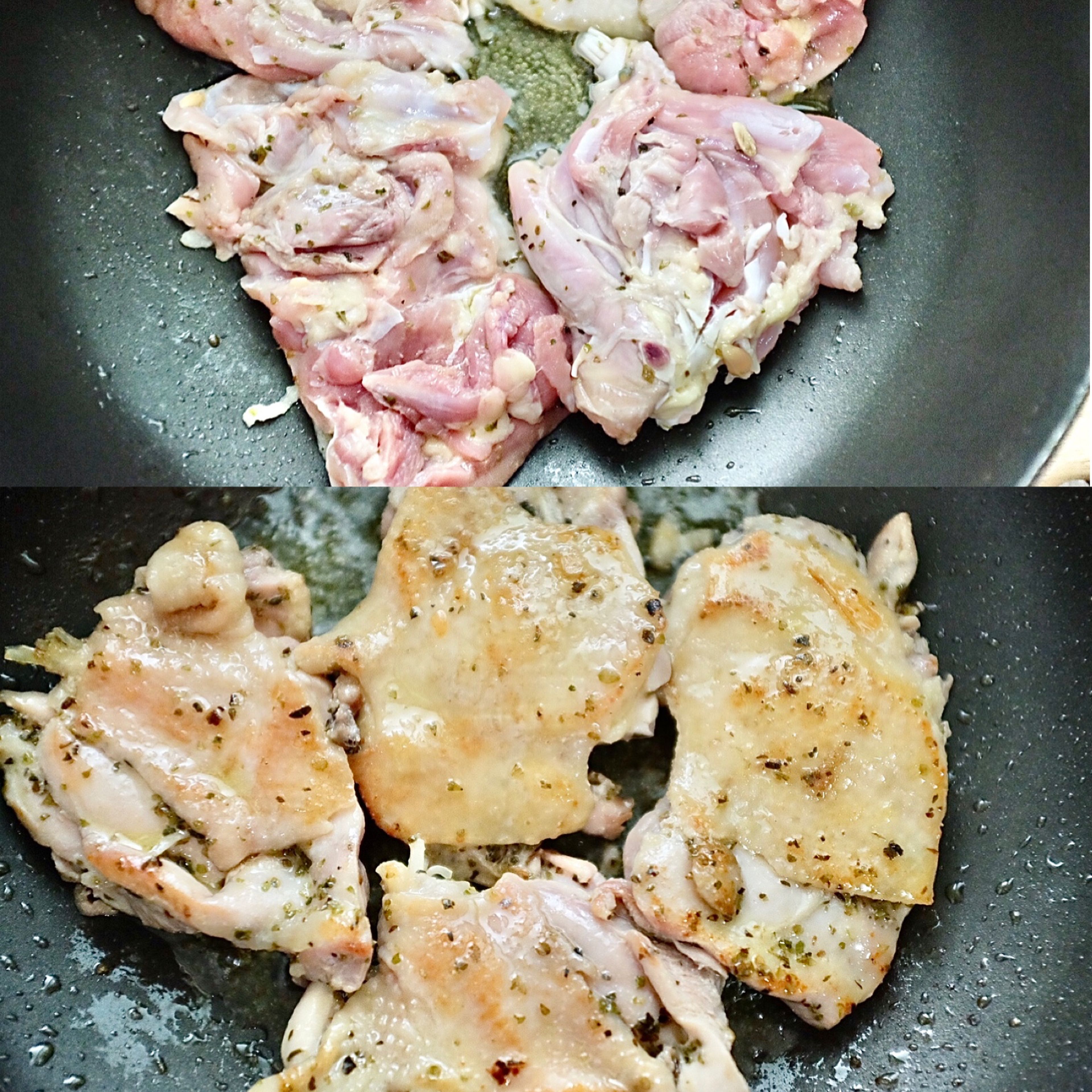 Put the olive oil into a pan with medium heat , add the chicken thighs , skin side down , and cook until browned on 2 sides . Transfer to a plate .