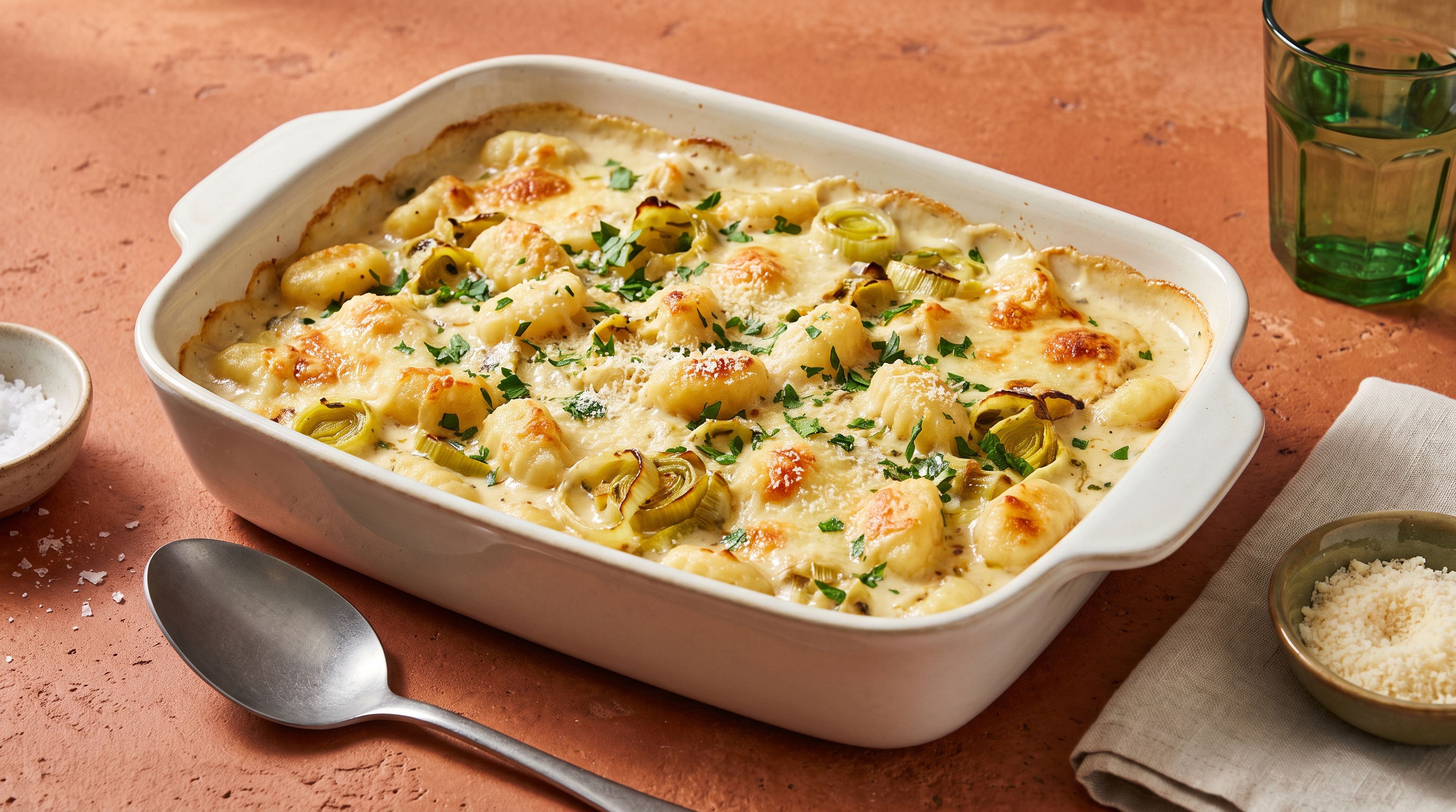 Unkompliziertes Ofengericht: Gnocchi-Auflauf mit geröstetem Lauch und cremiger Senfsoße