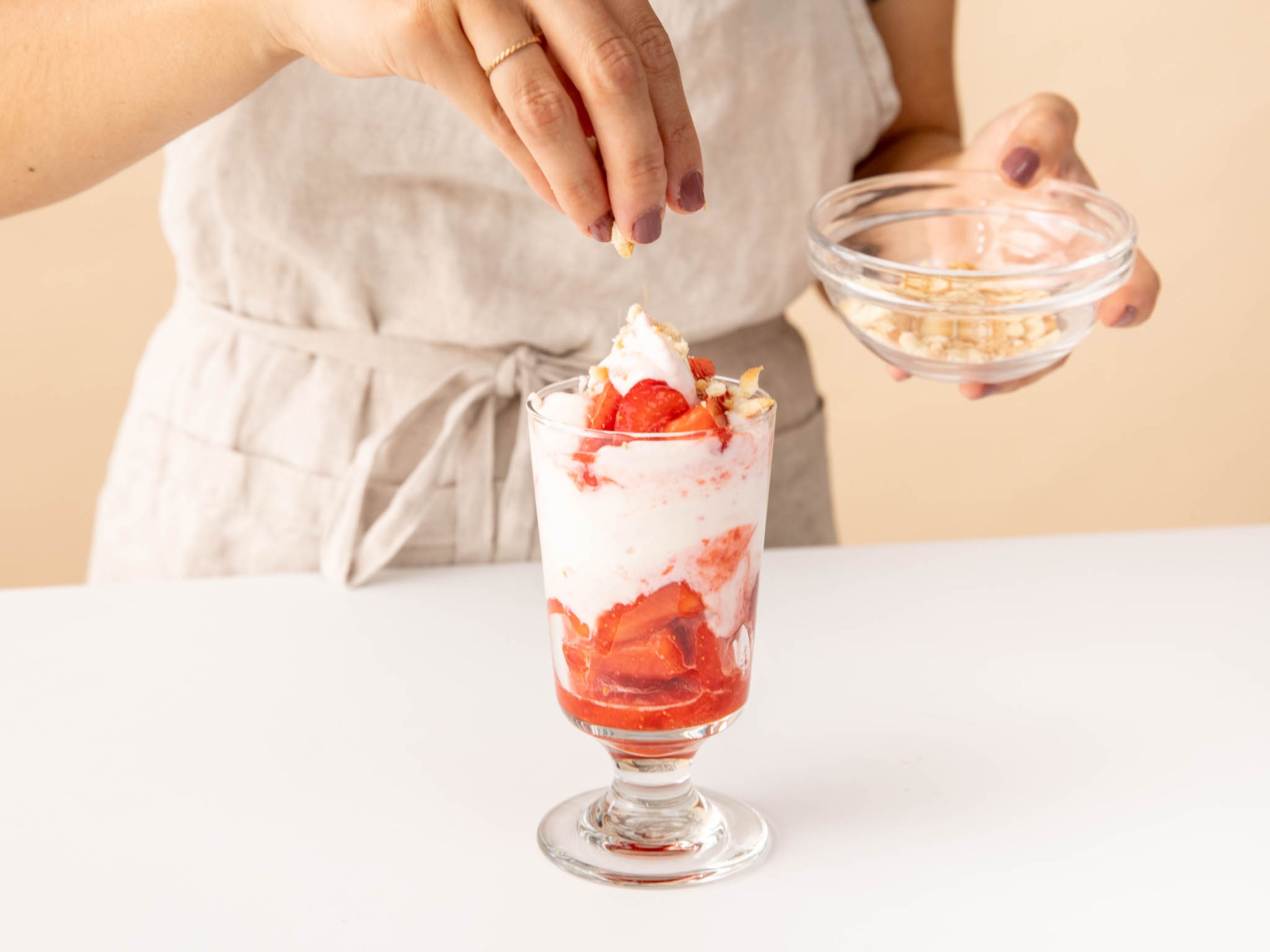 Layer remaining strawberries and strawberry whipped cream together in serving glasses. Serve immediately, or refrigerate for up to two hours before serving. Enjoy topped with crushed shortbread cookies, if desired!