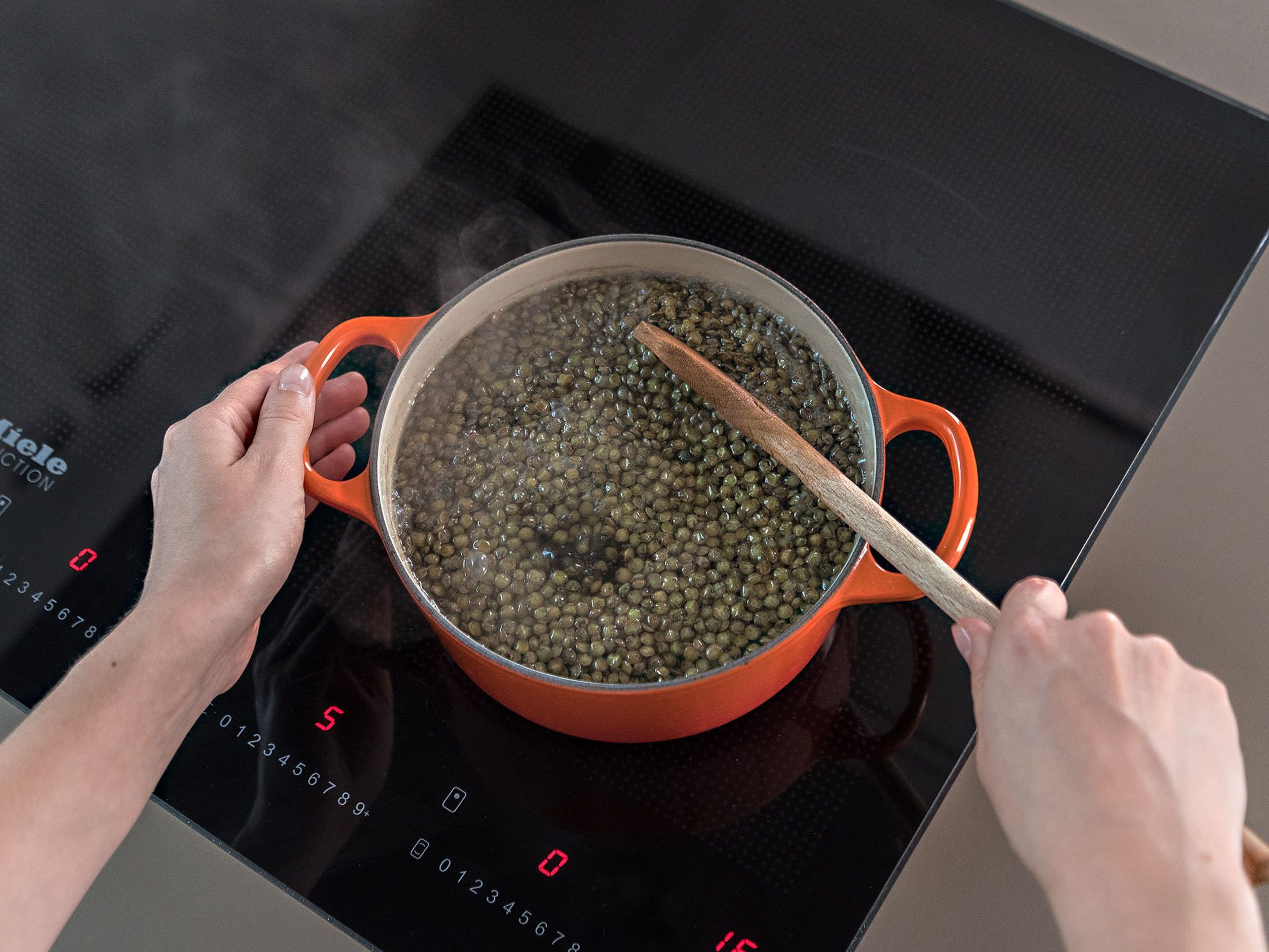 Add lentils to a large saucepan, cover with water, add salt, and bring to a boil. Reduce heat and leave to simmer over medium heat for approx. 20 min. until tender. Remove from heat, drain, and set aside.
