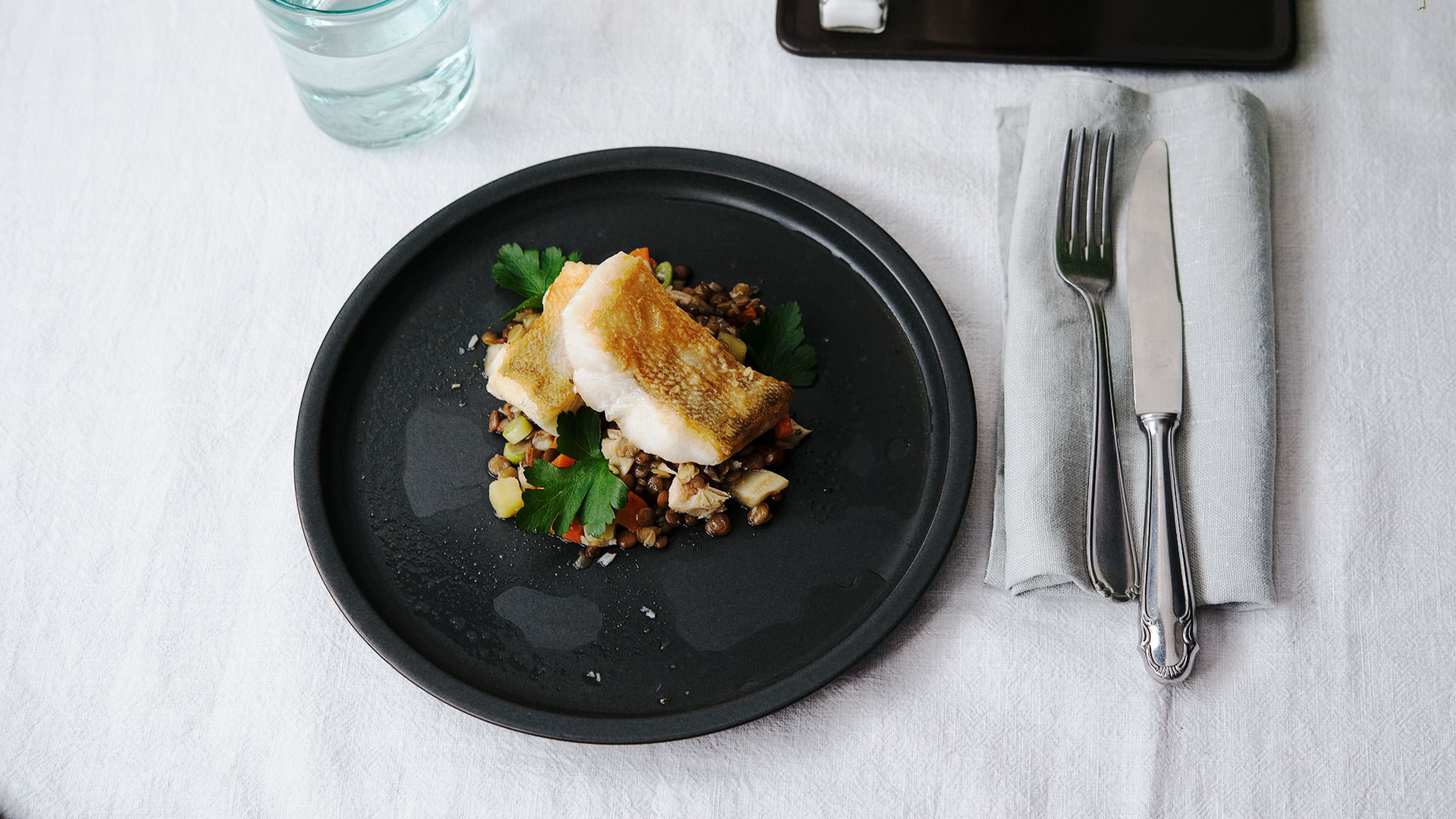 Pan-fried pike perch over lentil salad