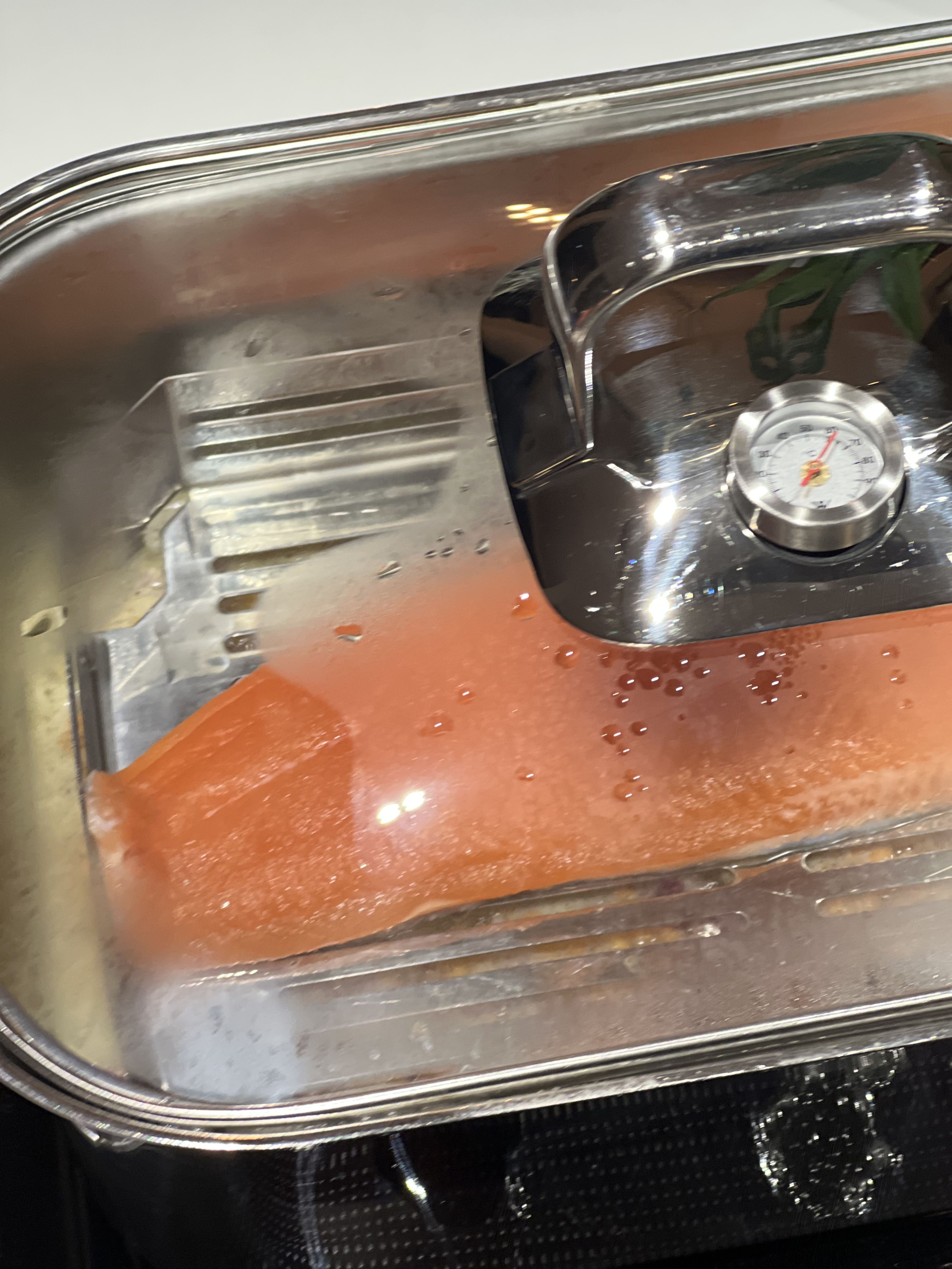 Reduziere bewusst die Hitze und positioniere den Rost mit deinem Fisch darüber. Wenn du keinen Dampfgarer hast funktioniert das auch in einem Topf ohne Rost. Schließe den Deckel, um die Aromen zu konzentrieren und ziehen zu lassen. Lass alles für 10 Minuten bei 70 Grad sanft garen – die optimale Temperatur für maximalen Nährstofferhalt!