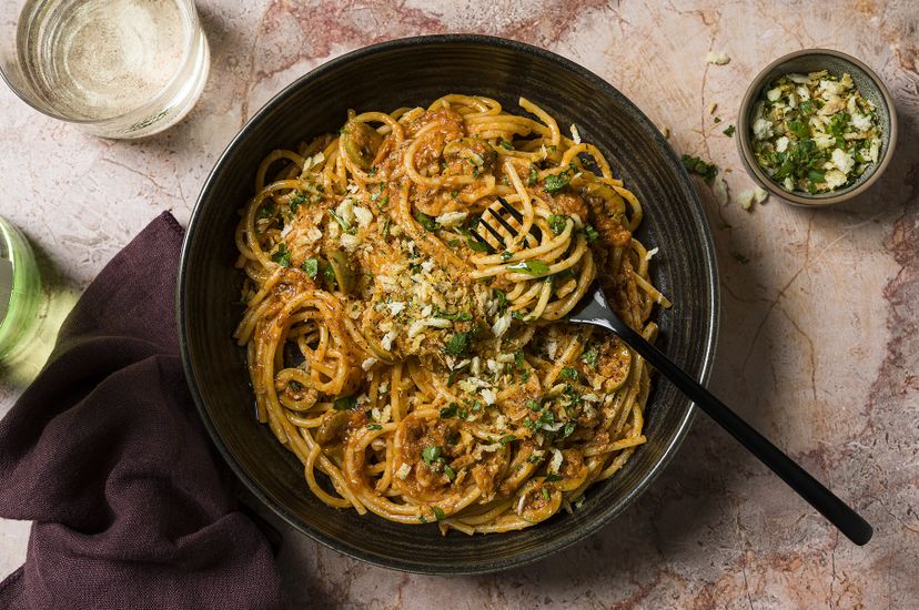 Sardine pasta with olives and garlicky breadcrumbs