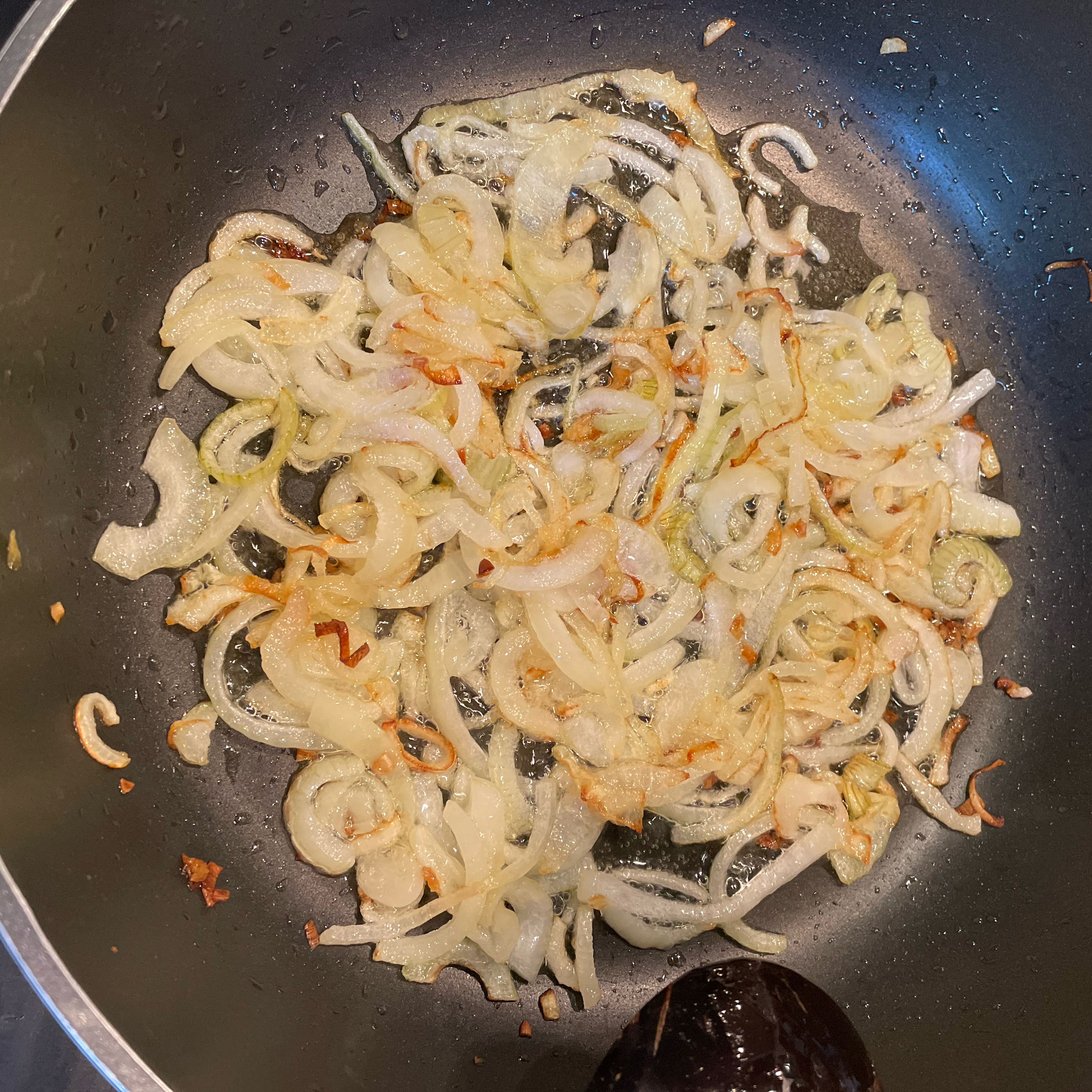 Heat the oil in a heavy pan and sauté the onions till golden brown, about 15 minutes.