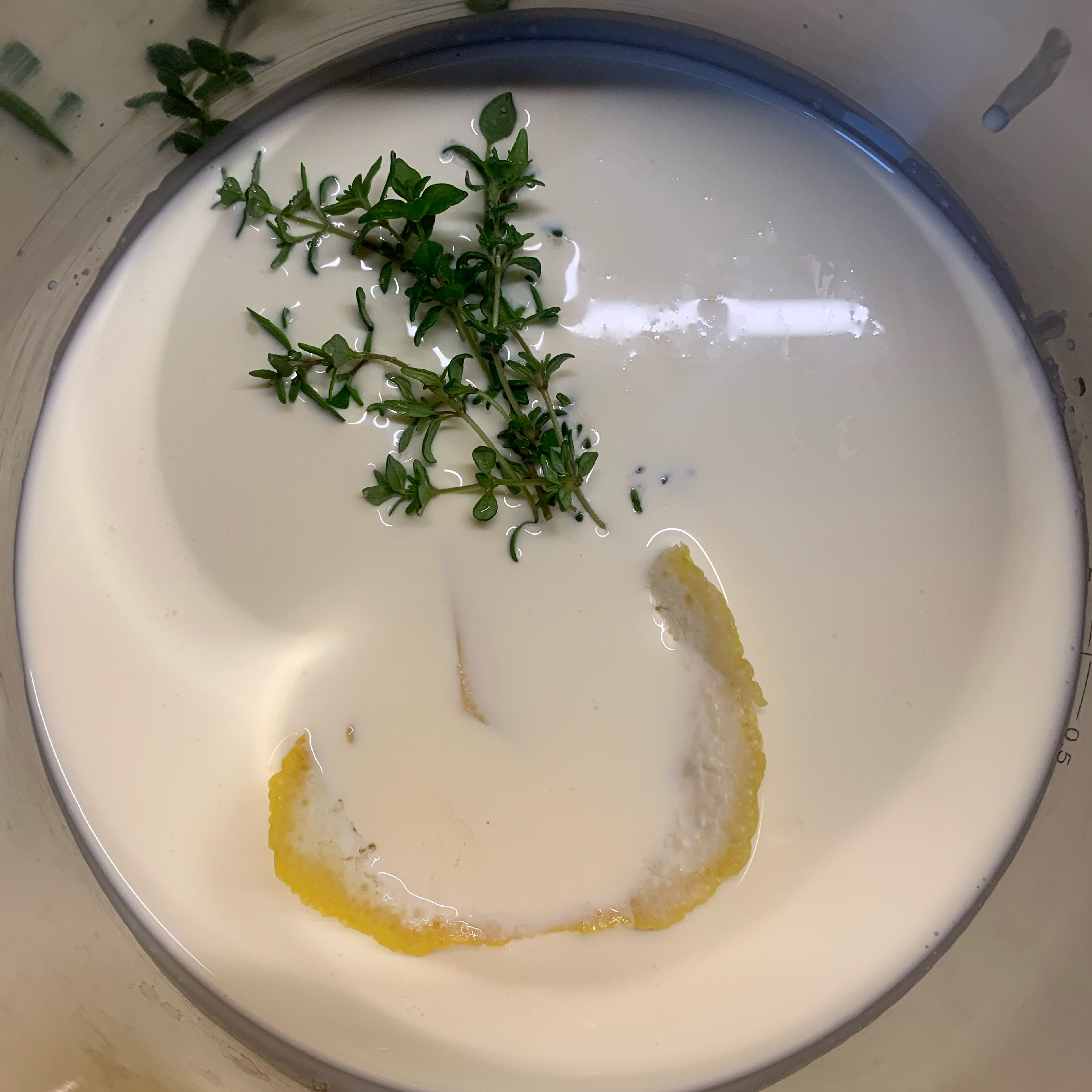 Knoblauch schälen. In einem seperaten Topf die Sahne mit der Zitronenschale, Ingwer, Thymian, Speisestärke und Knoblauchzehe aufkochen und ziehen lassen bis das Gemüse gar ist. Danach alles durch einen Sieb geben.