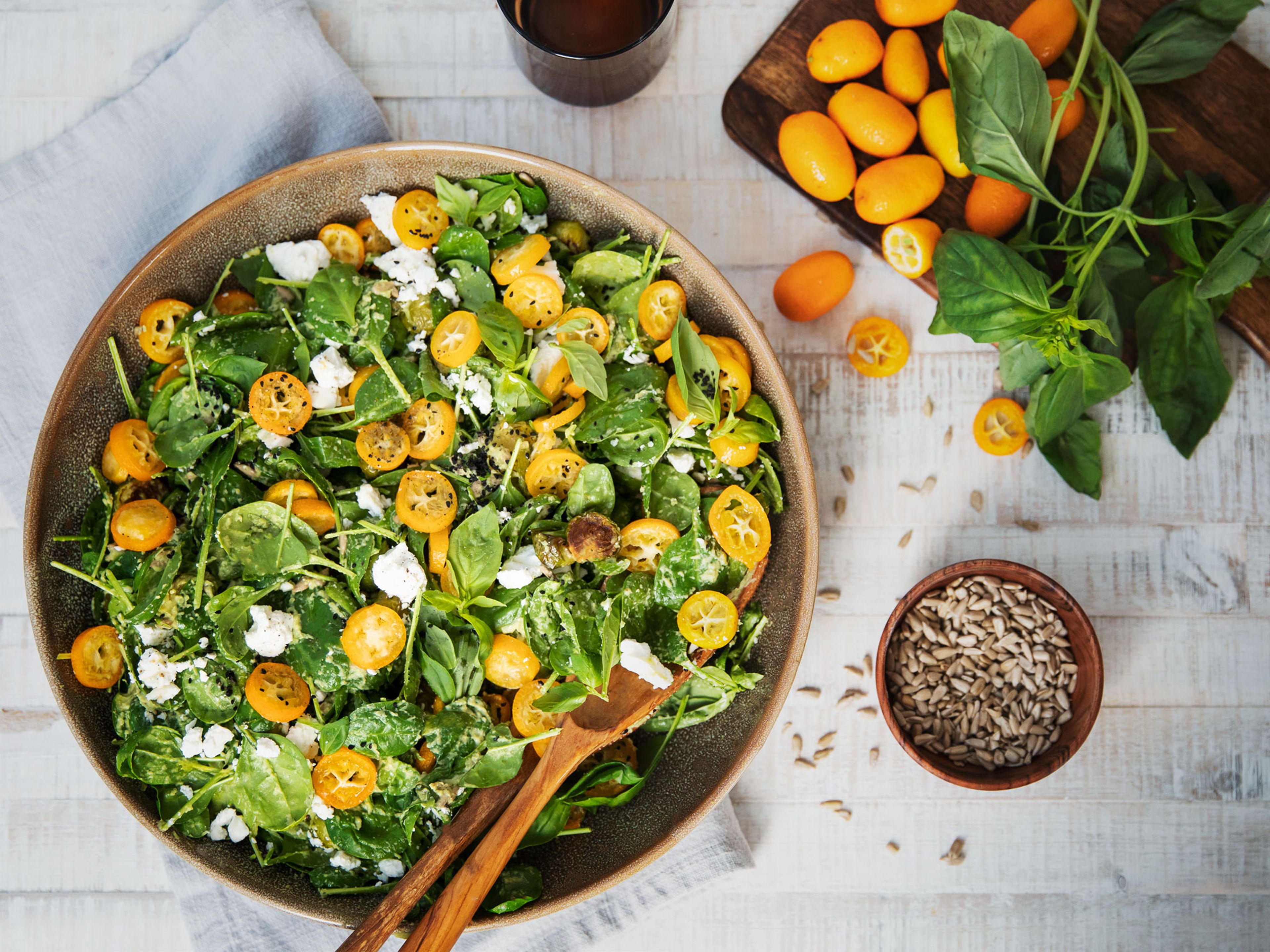 Kumquat and roasted Brussels sprout salad with avocado dressing