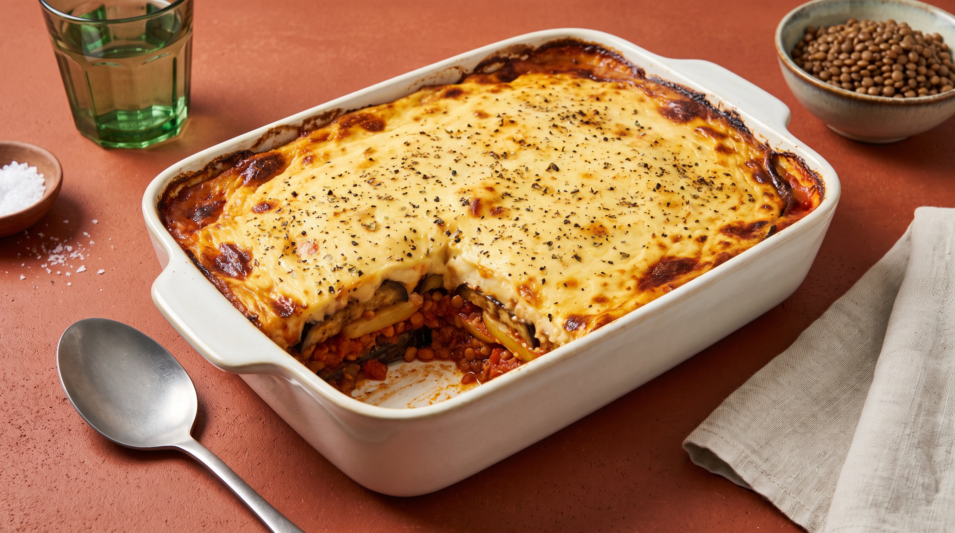 Pflanzlicher Auflauf-Klassiker: So gelingt eine vegane Moussaka mit Linsen
