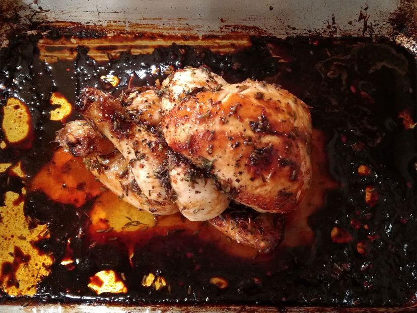 Whole lavender-roasted poussin