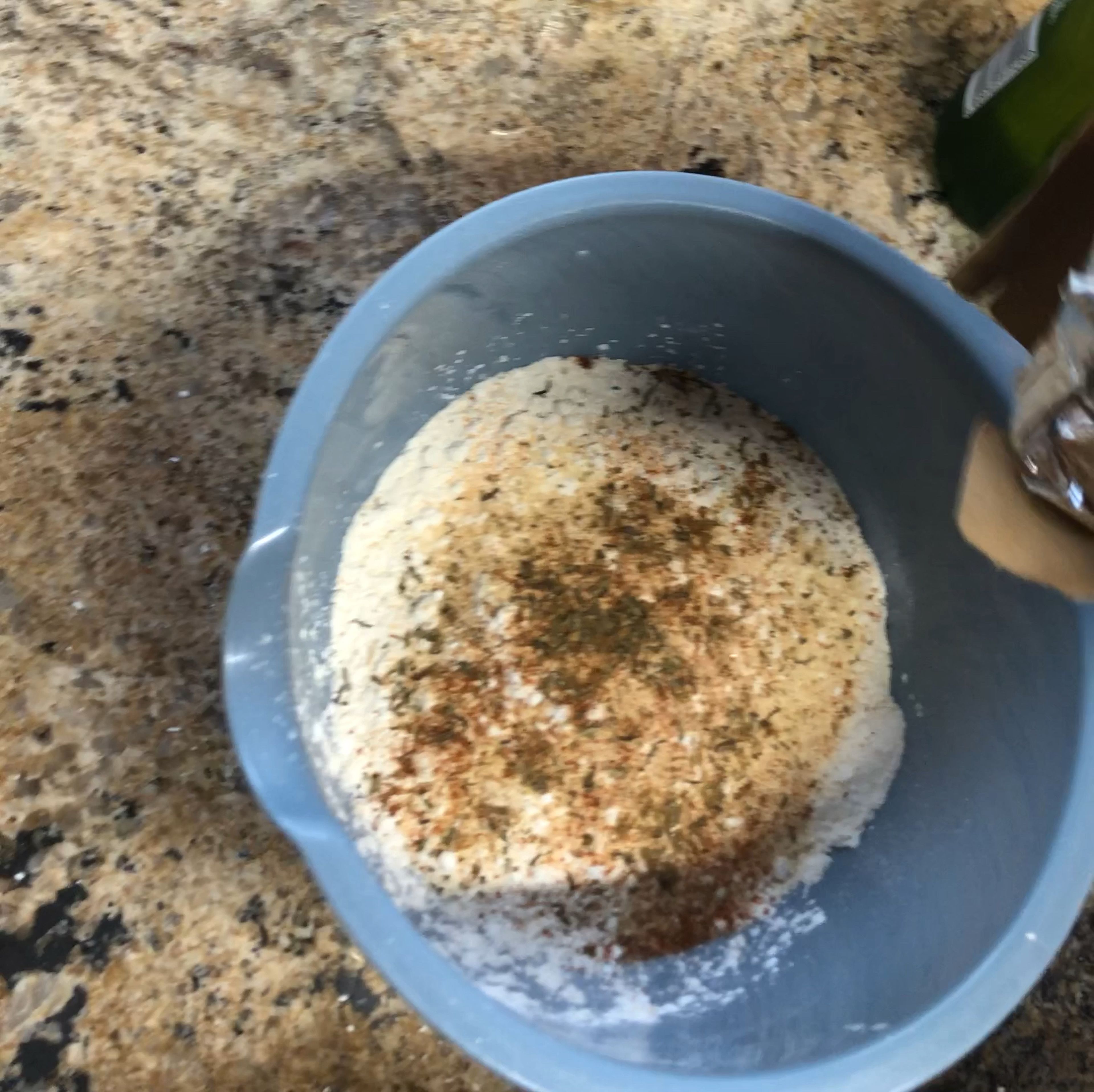 Now we’re gonna make the dredge. Take the dry ingredients above and whisk together in a bowl.