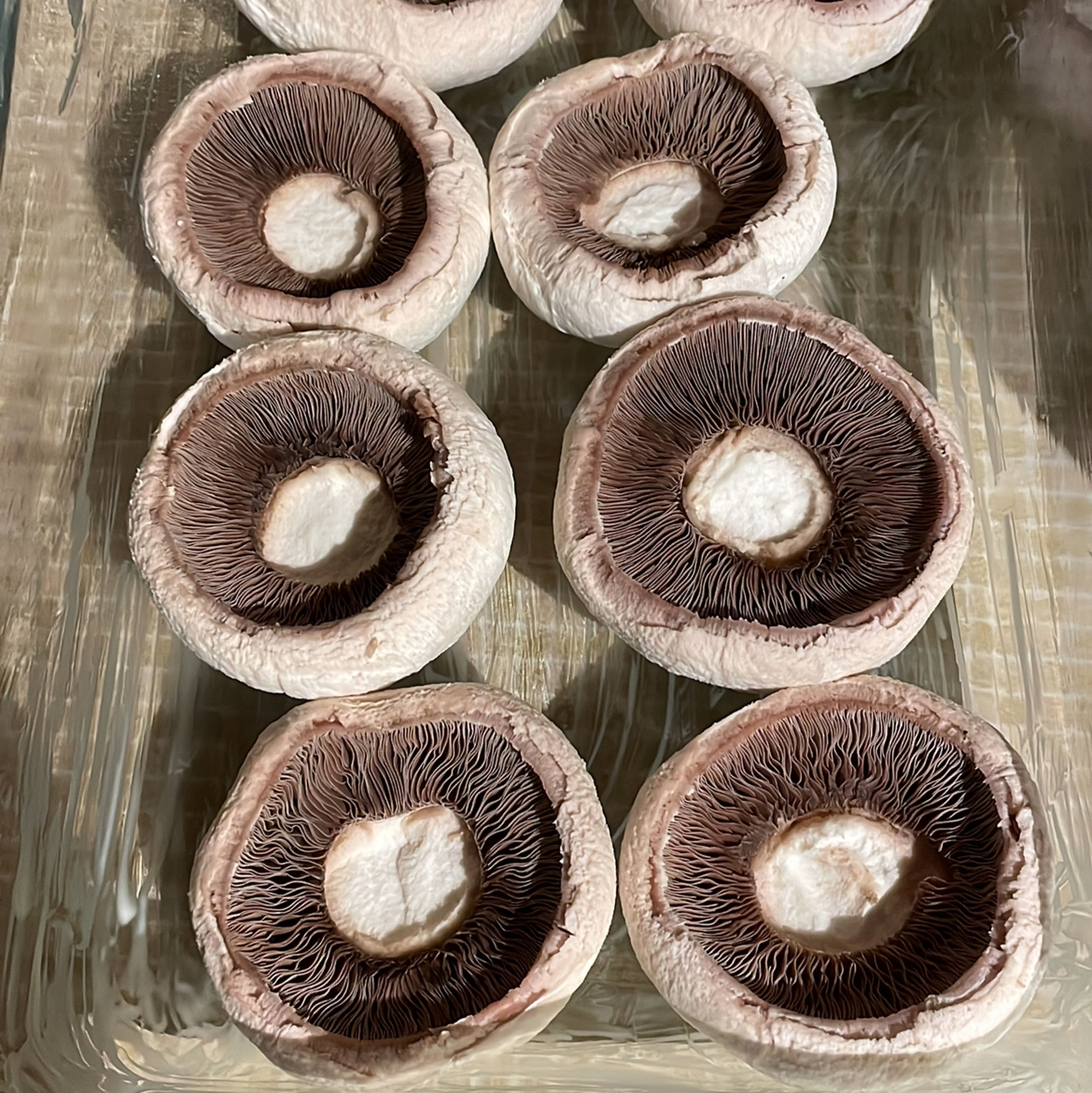 Champignons ggf. mit Küchenkrepp säubern. Stiele herausdrehen und in einer eingefetteten Form legen