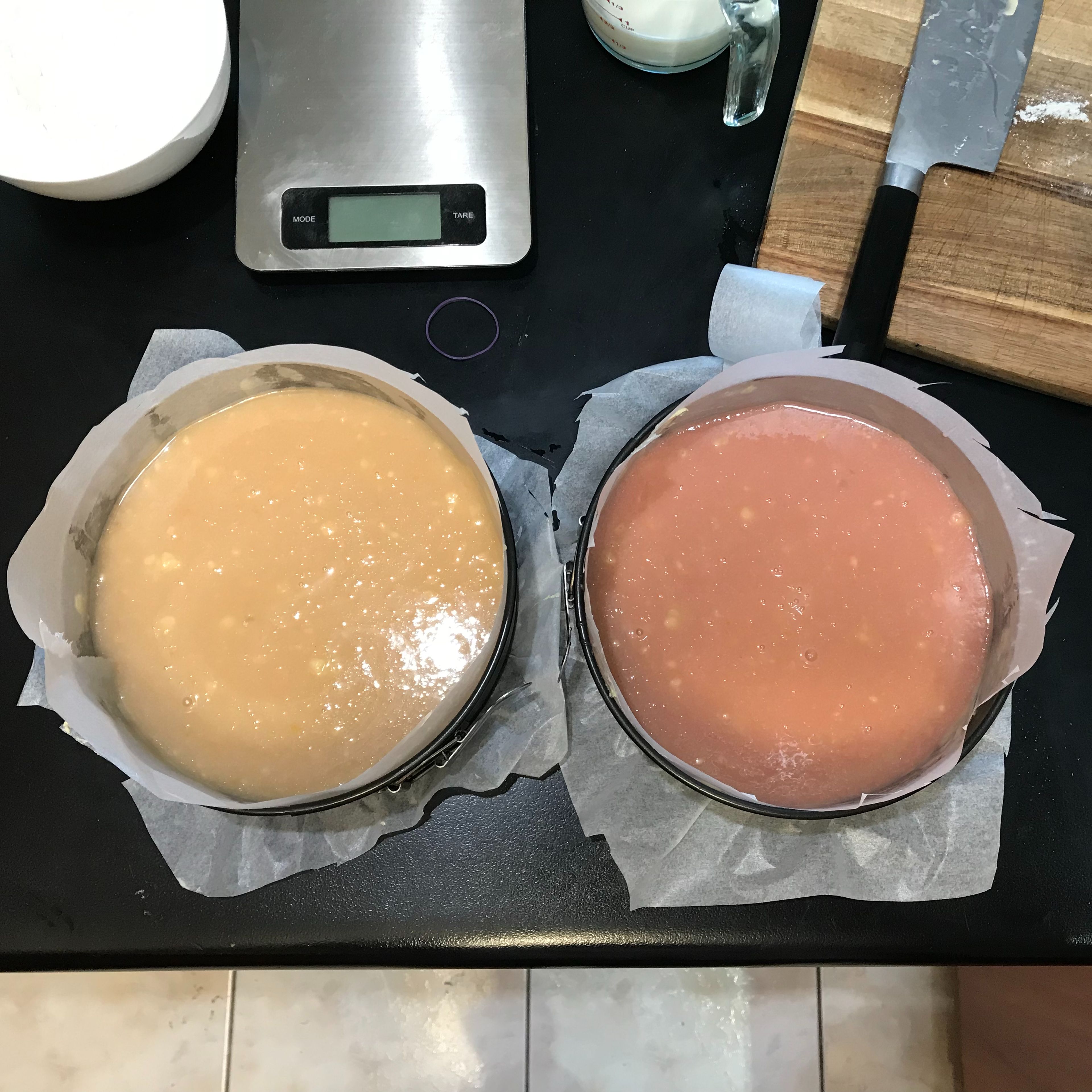 Pour batter from the two bowls into each of the two cake tins, and bake in the oven for approximately 30-35 minutes or until a skewer inserted in the middle comes out clean.