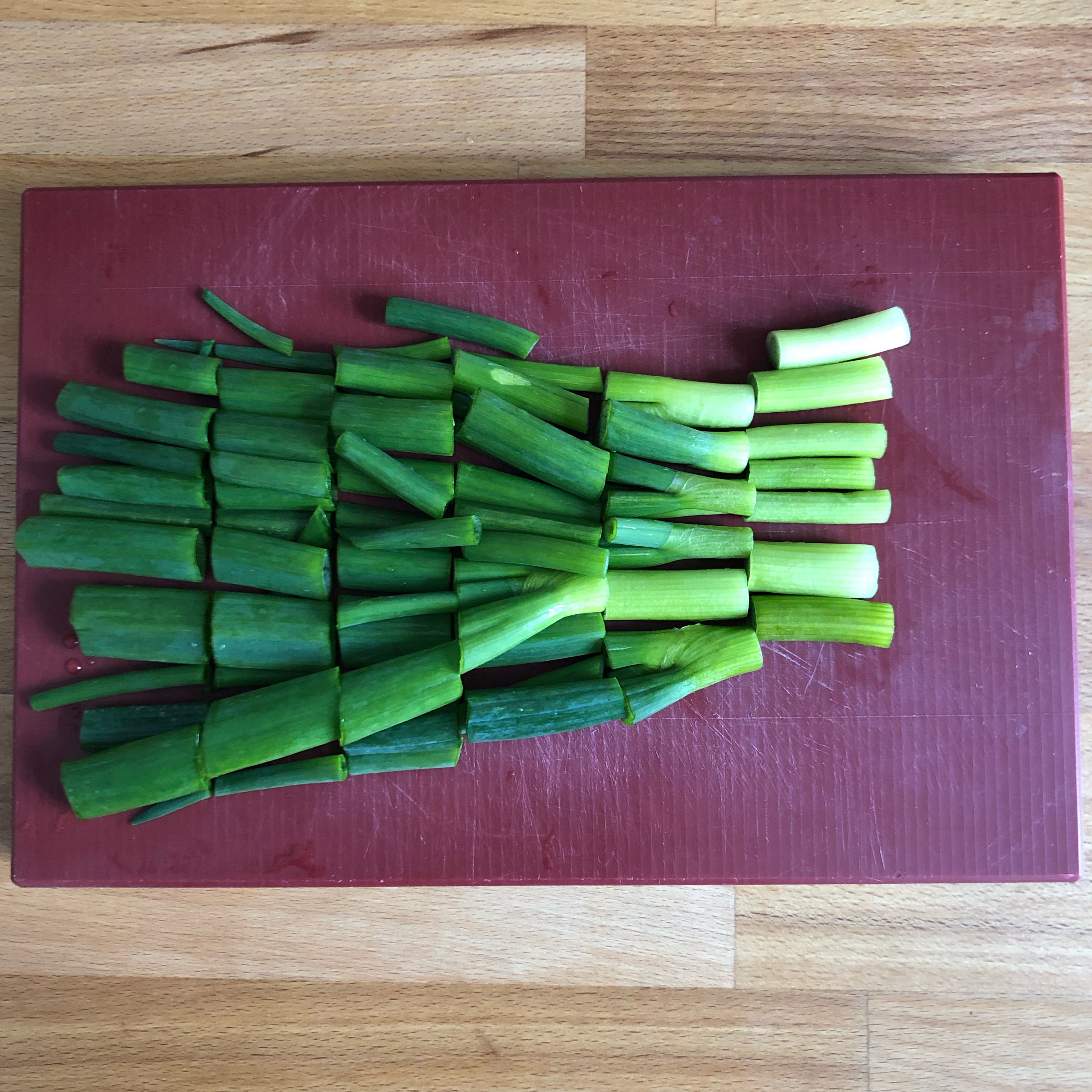 Trim ends from scallions and chop into lengths (about 1-in. / 2.5 cm). Halve lemon and cut one half into quarters for serving.