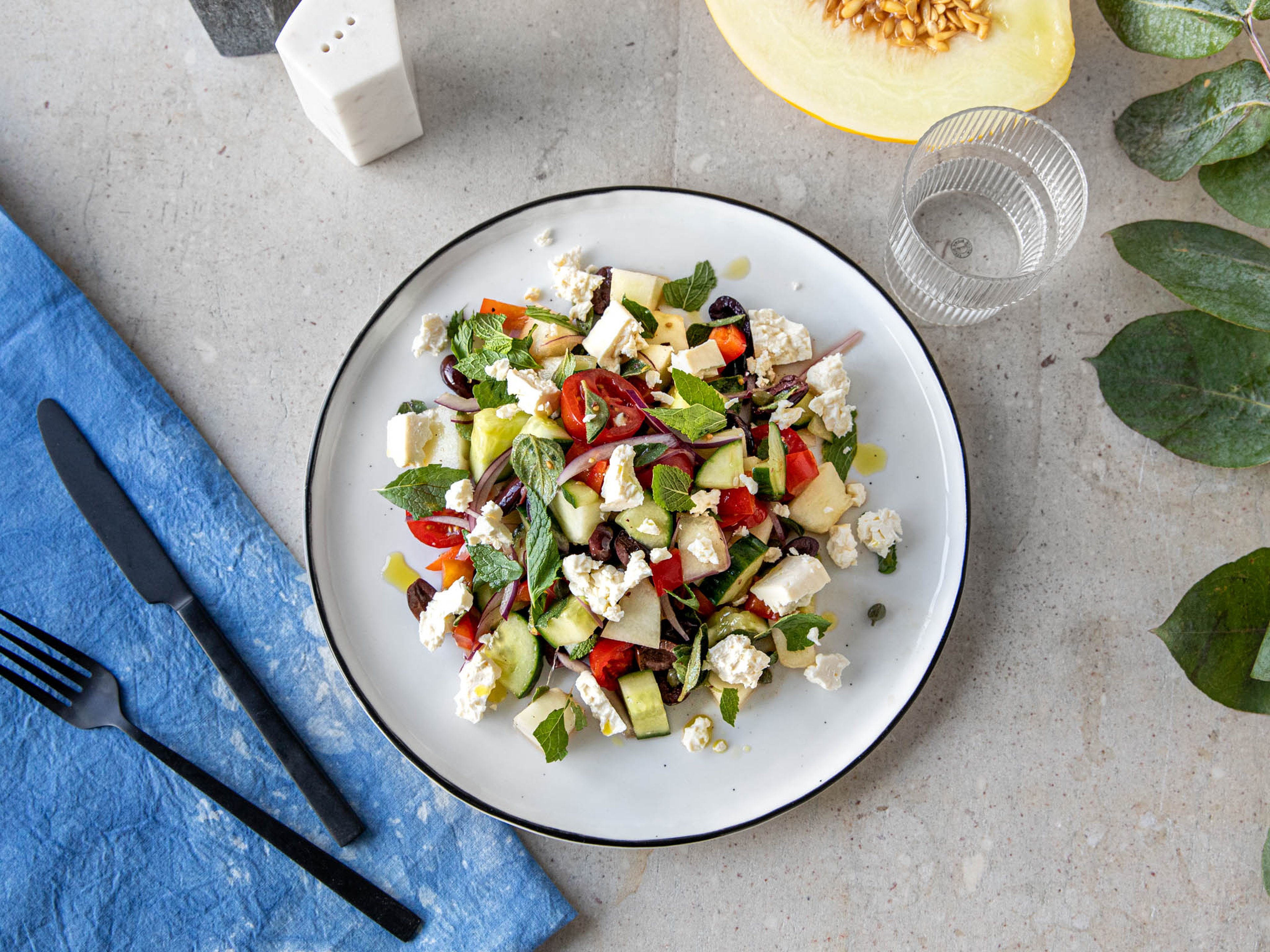 Greek-style salad with honeydew melon