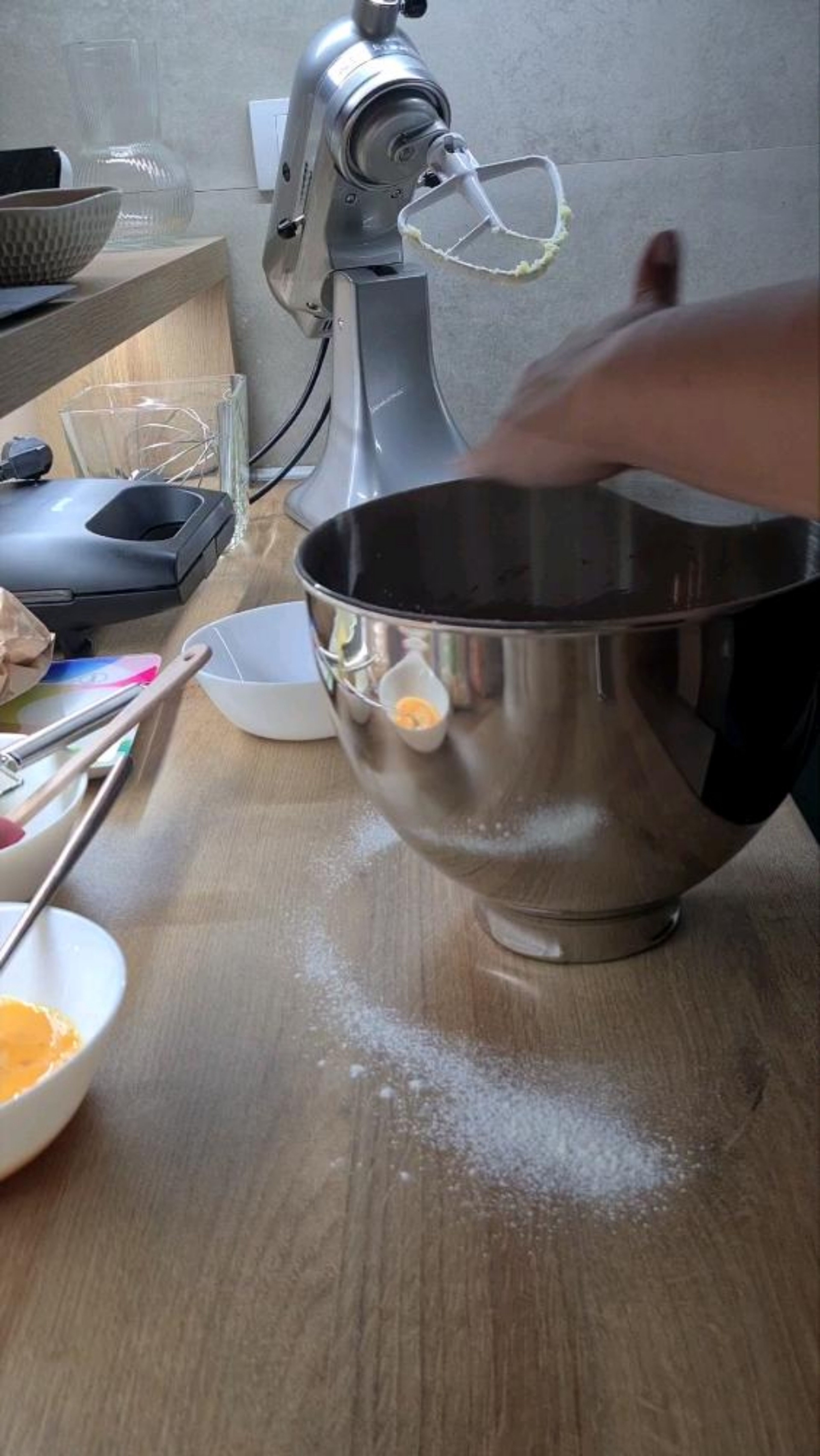 Then add flour and eggs (mixed)