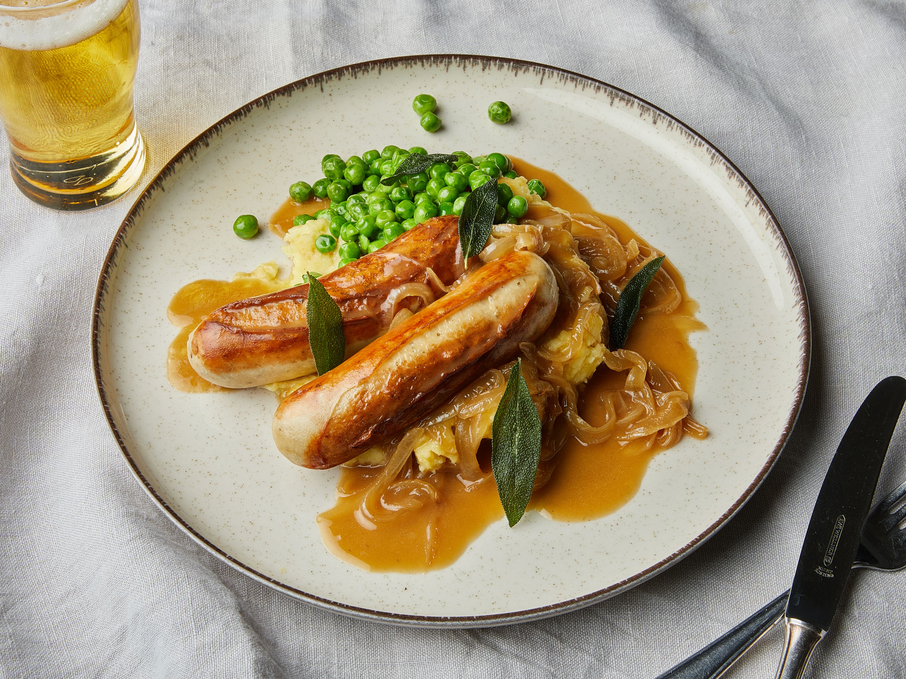 Bangers and mash with sage and onion gravy