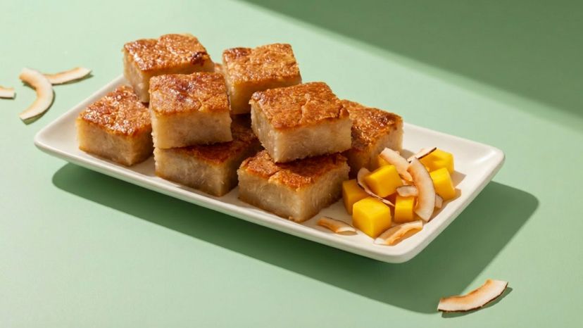 Gedämpfter Maniokkuchen mit Kokos und frischer Mango