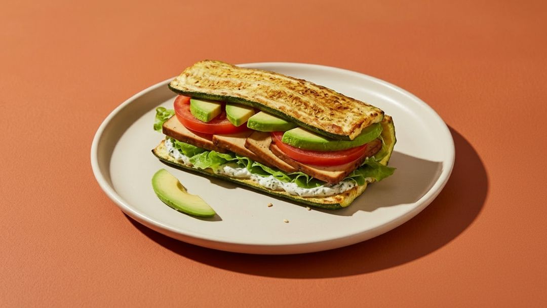 Zucchini statt Brot: Ein herzhaftes veganes Sandwich mit Räuchertofu und Avocado