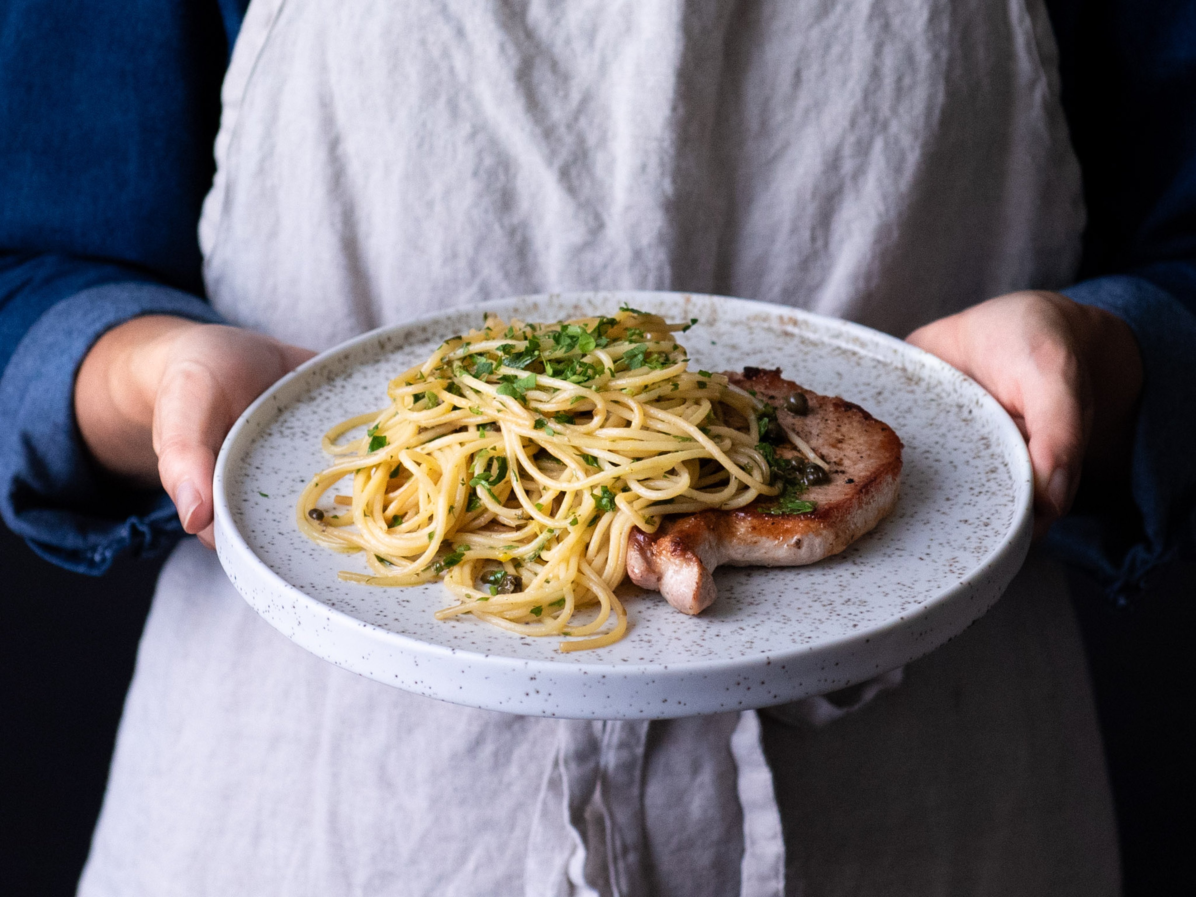 5-ingredient pork piccata with spaghetti