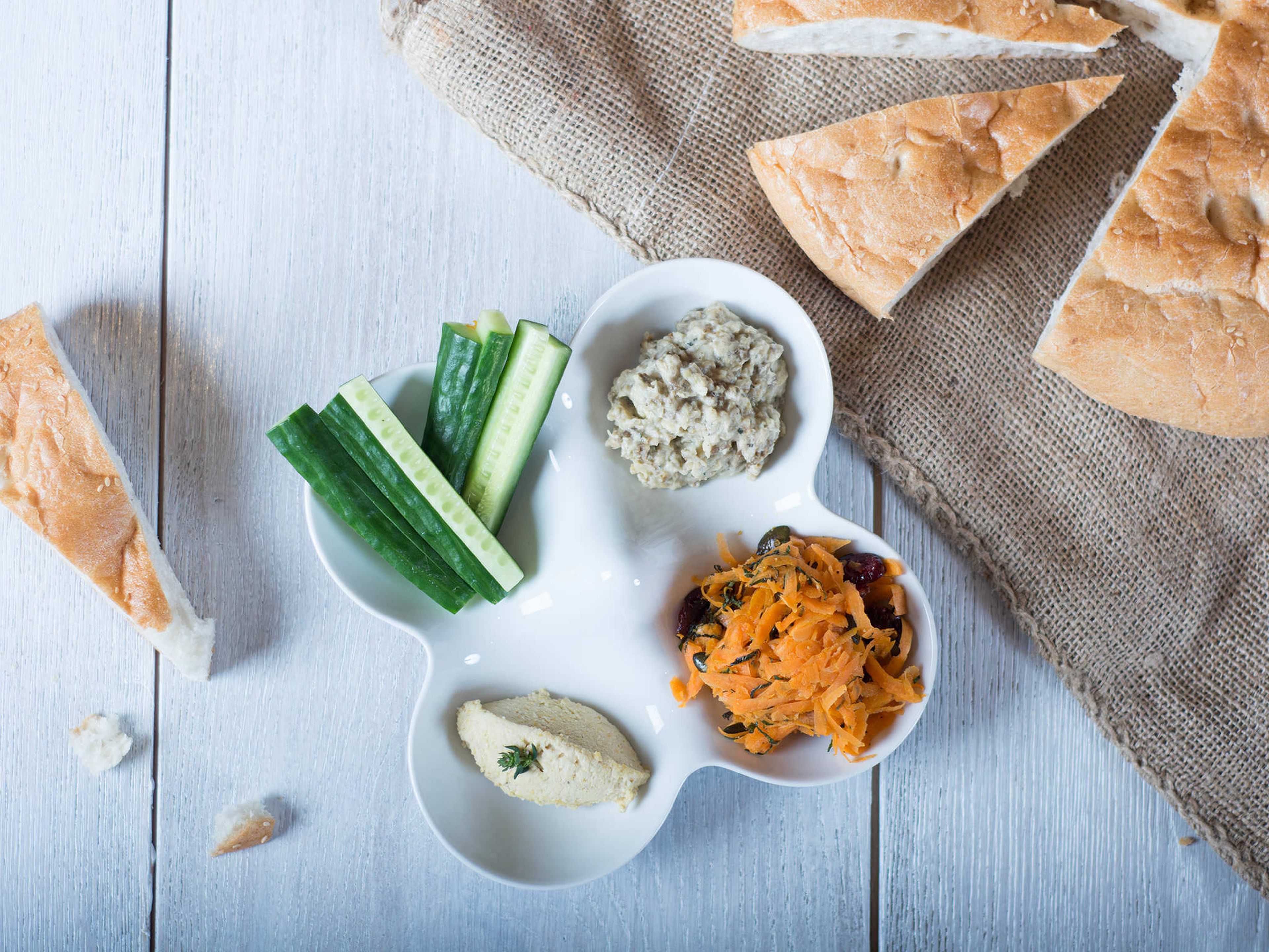 Hummus, baba ghanoush and carrot salad trio