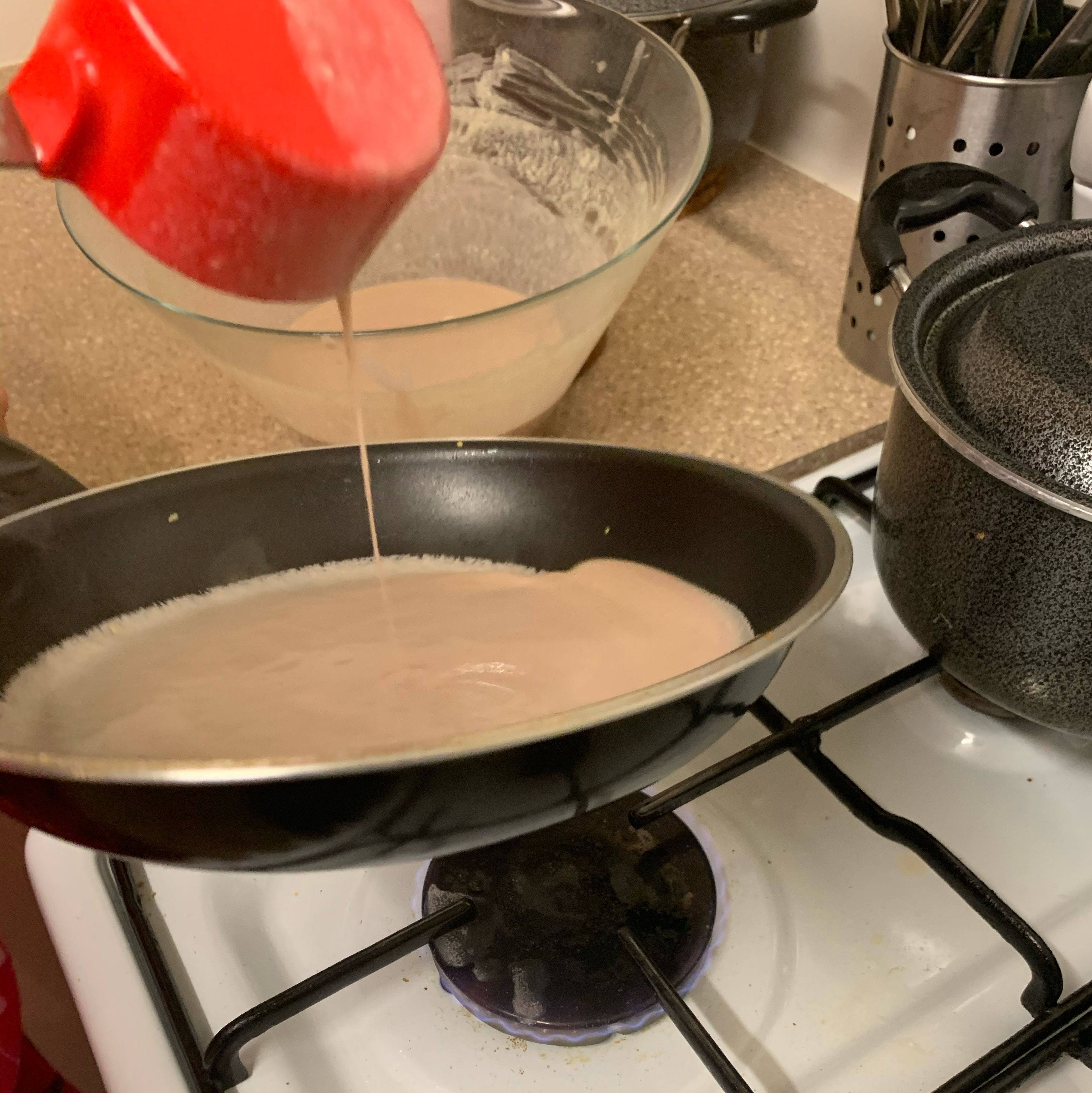 Use a non-stick pan on a low to medium heat until it’s hot before pouring in the batter. Use about 2/3 batter in a ￼1/3 cup measurement for each crepe
