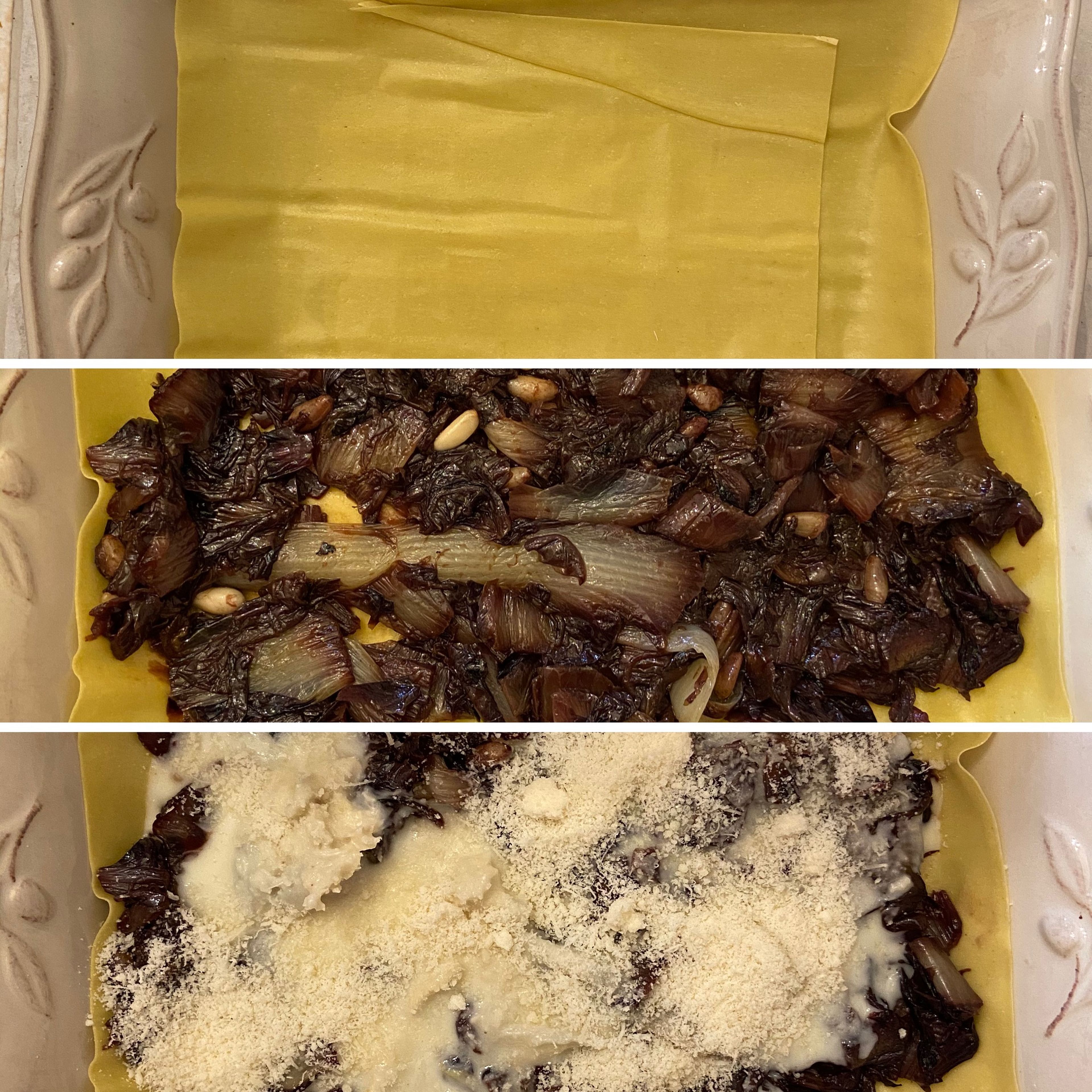 Let’s start layering our lasagne: place a couple of lasagne pasta sheets on a baking pan. Then add the pre-cooked radicchio. Finally add a layer of Gorgonzola sauce and Parmesan cheese. Repeat the layers for a couple of times.
