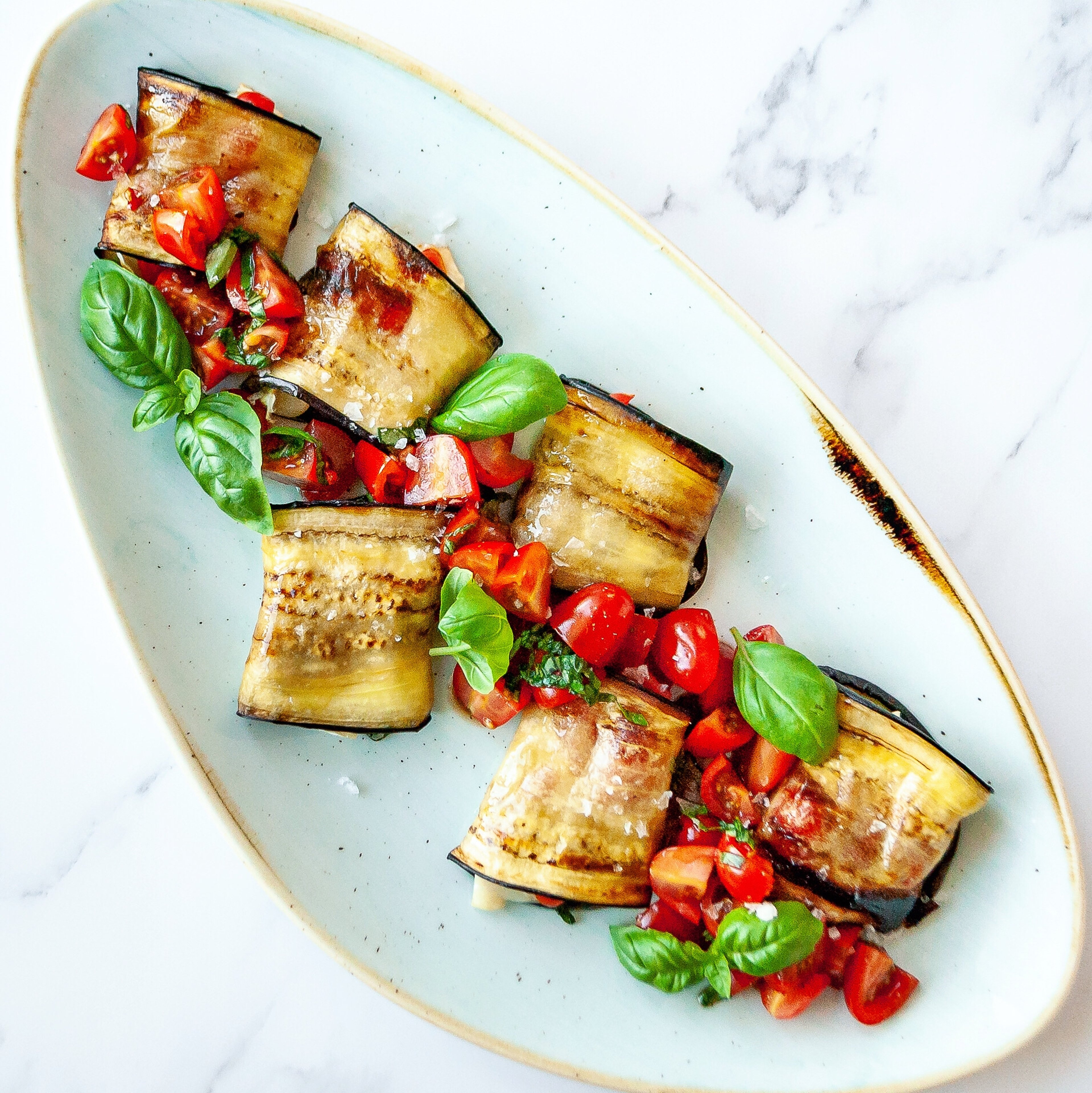 Grilled Aubergine Rolls with Soft Ripened Goats Cheese