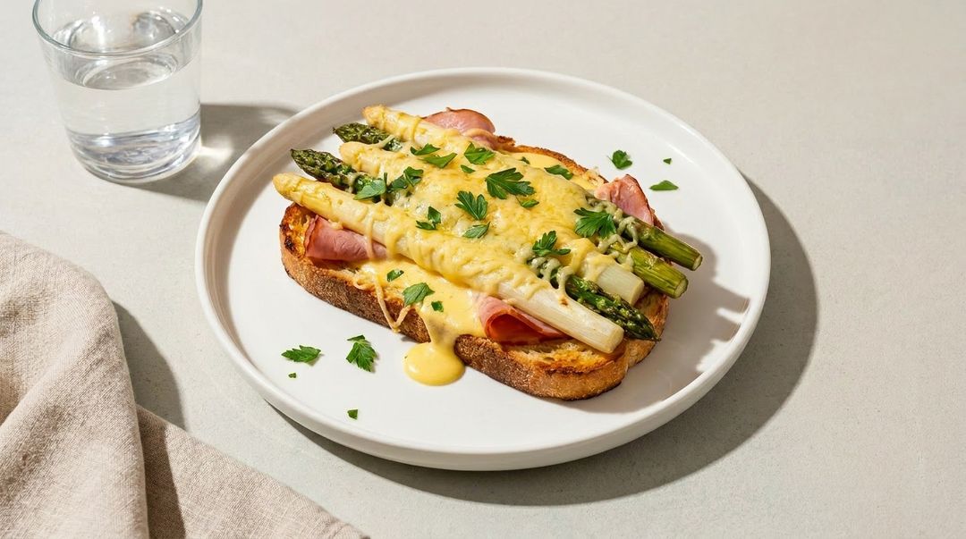 Spargel-Toast aus dem Ofen mit Kochschinken und geschmolzenem Käse