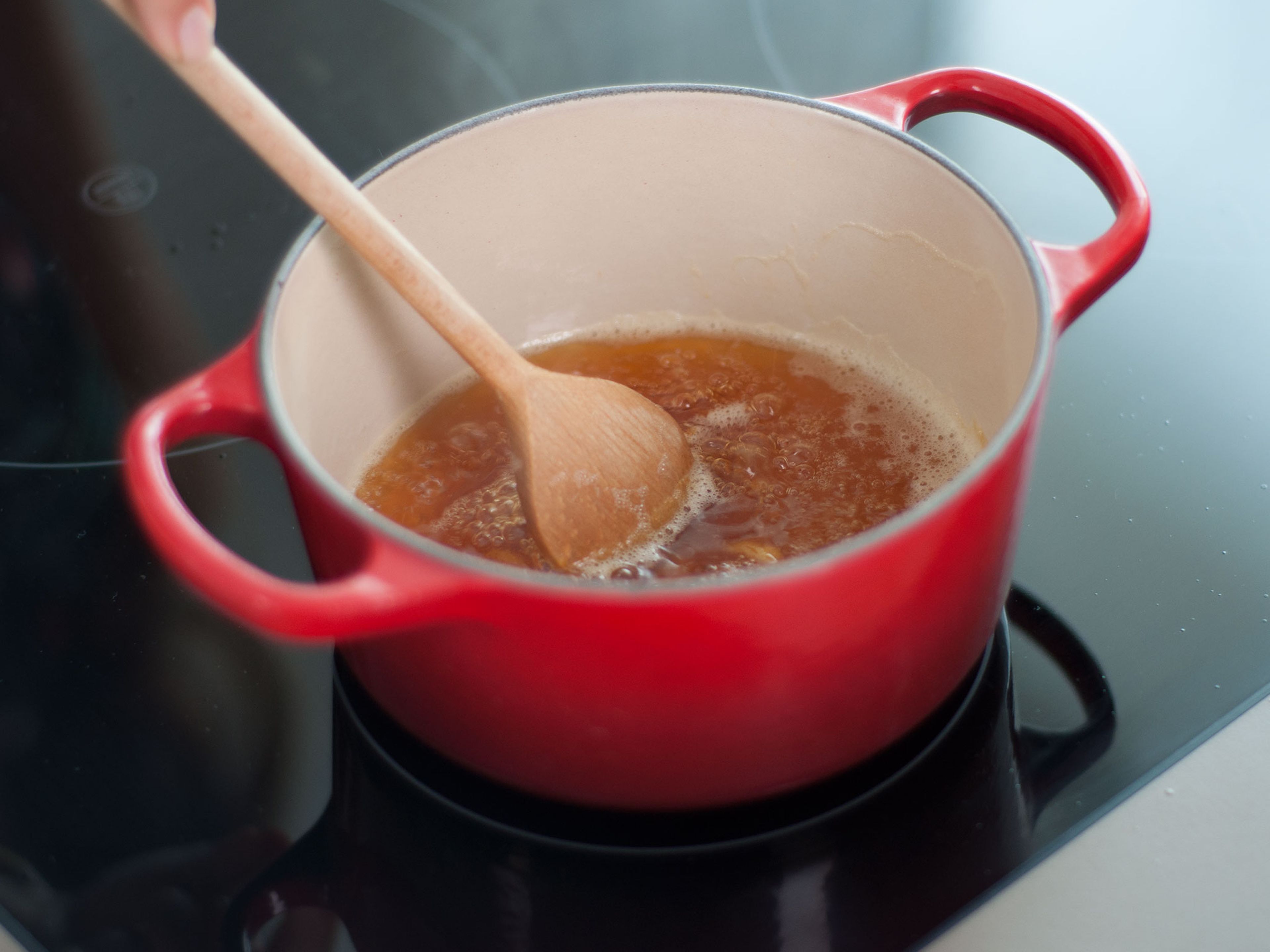 In a small saucepan, caramelize sugar over medium-low heat until slightly thickened and amber in color. Deglaze with lemon juice.