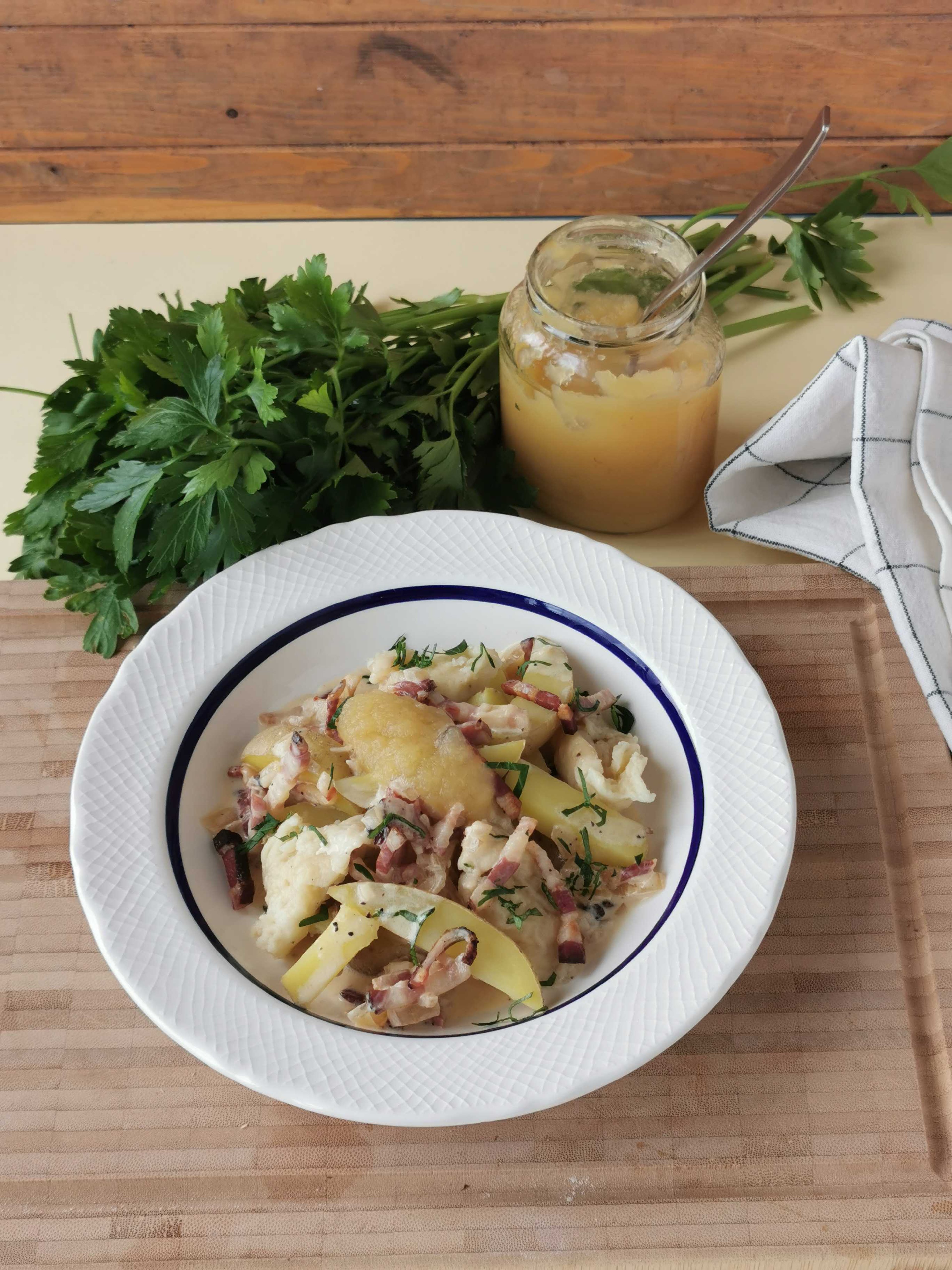 Verheiratete (German Potato Dish with Flour Dumplings, Bacon, and Applesauce)