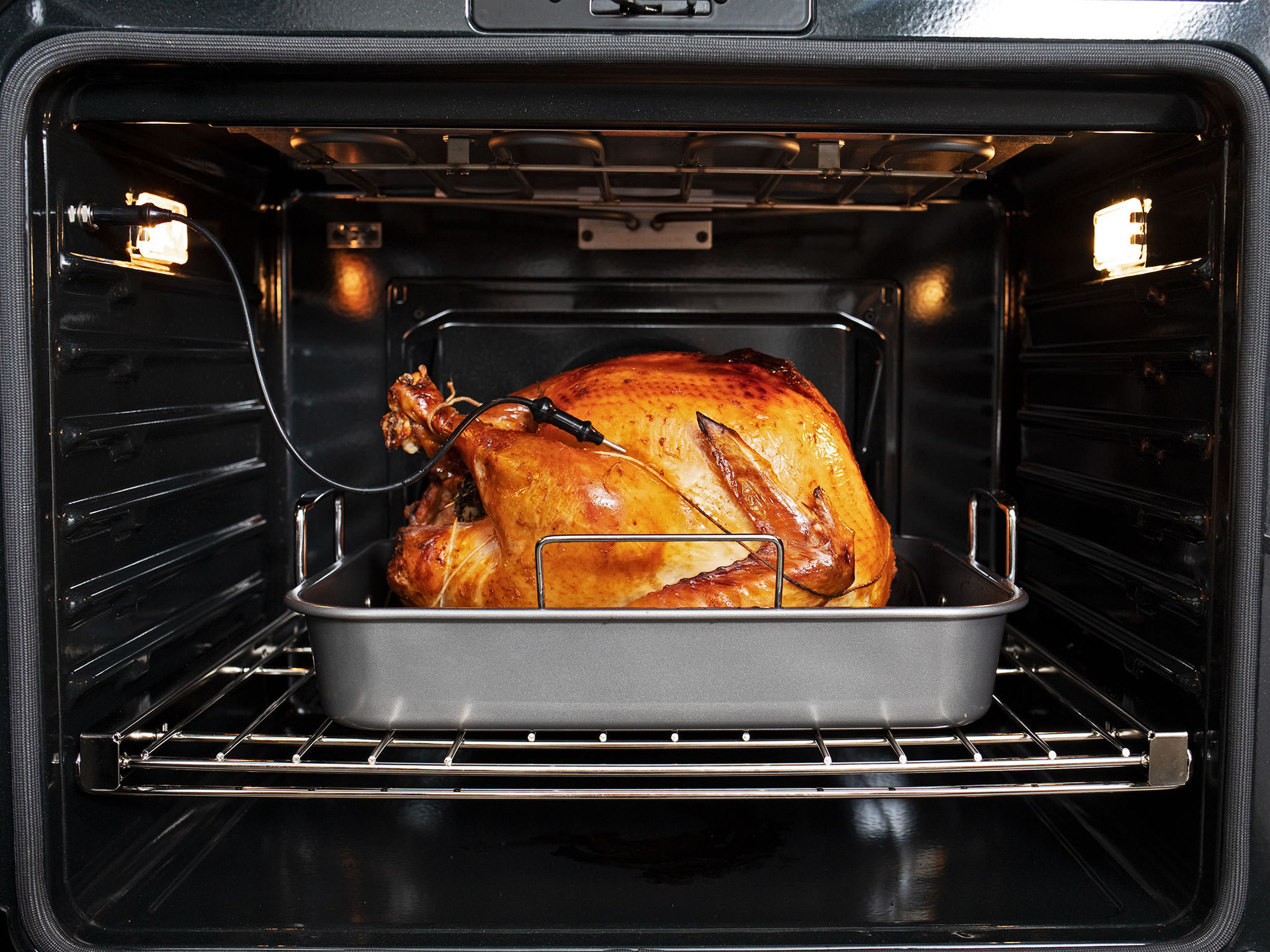 Once the turkey is browned all over, turn the oven down to 350°F/175°C and baste the turkey with the butter mixture every 15 min. Once the internal temperature of the thickest part of the breast reaches 150°F/65°C, (approx. 50 – 70 min. more) transfer turkey with roasting rack onto a baking sheet to rest for at least 30 min. or up to 1 hr. before carving. Reserve onions for serving and reserve drippings directly in roasting pan.