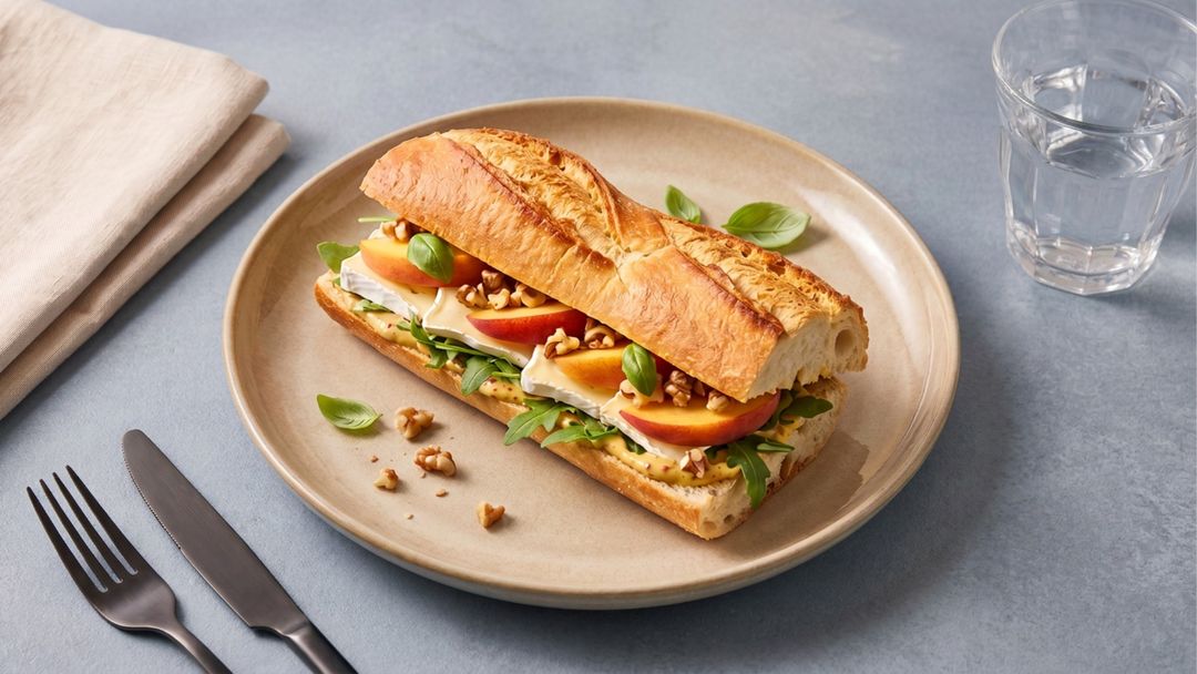Fruchtig und herzhaft vereint: knuspriges Baguette mit Camembert und Pfirsich