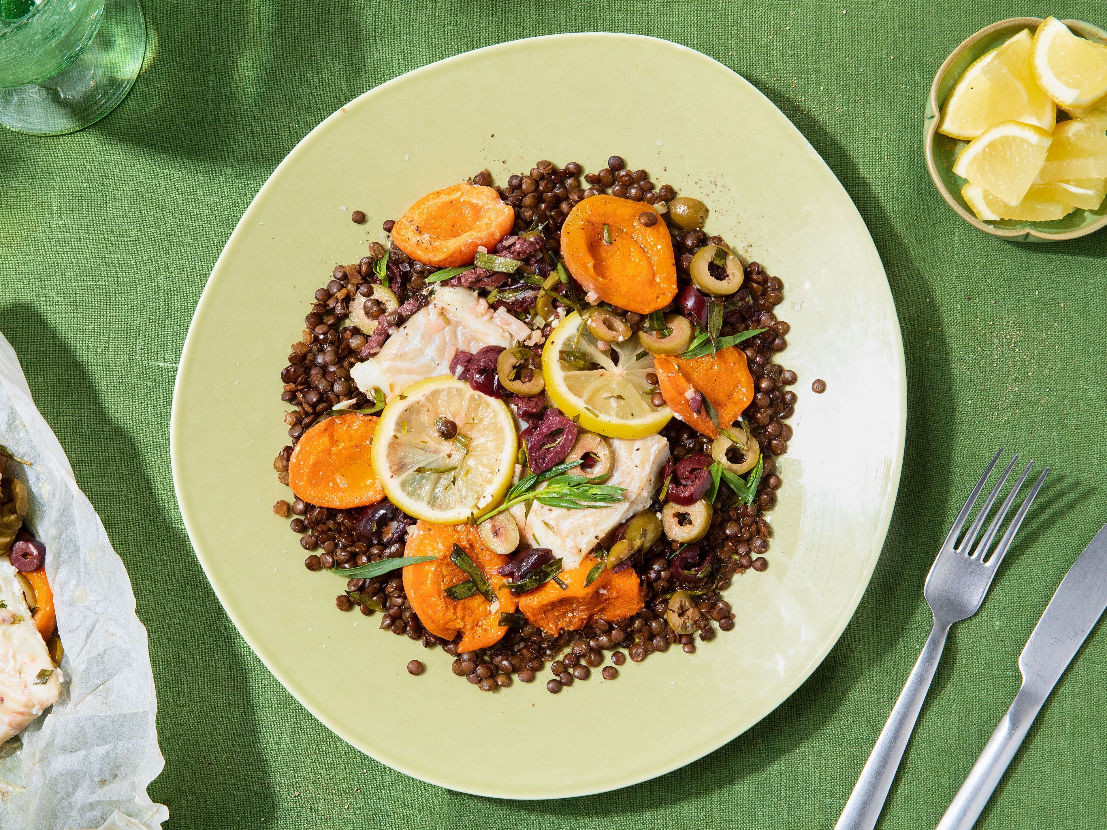 Cod ‘en papillote’ with apricots and lentils