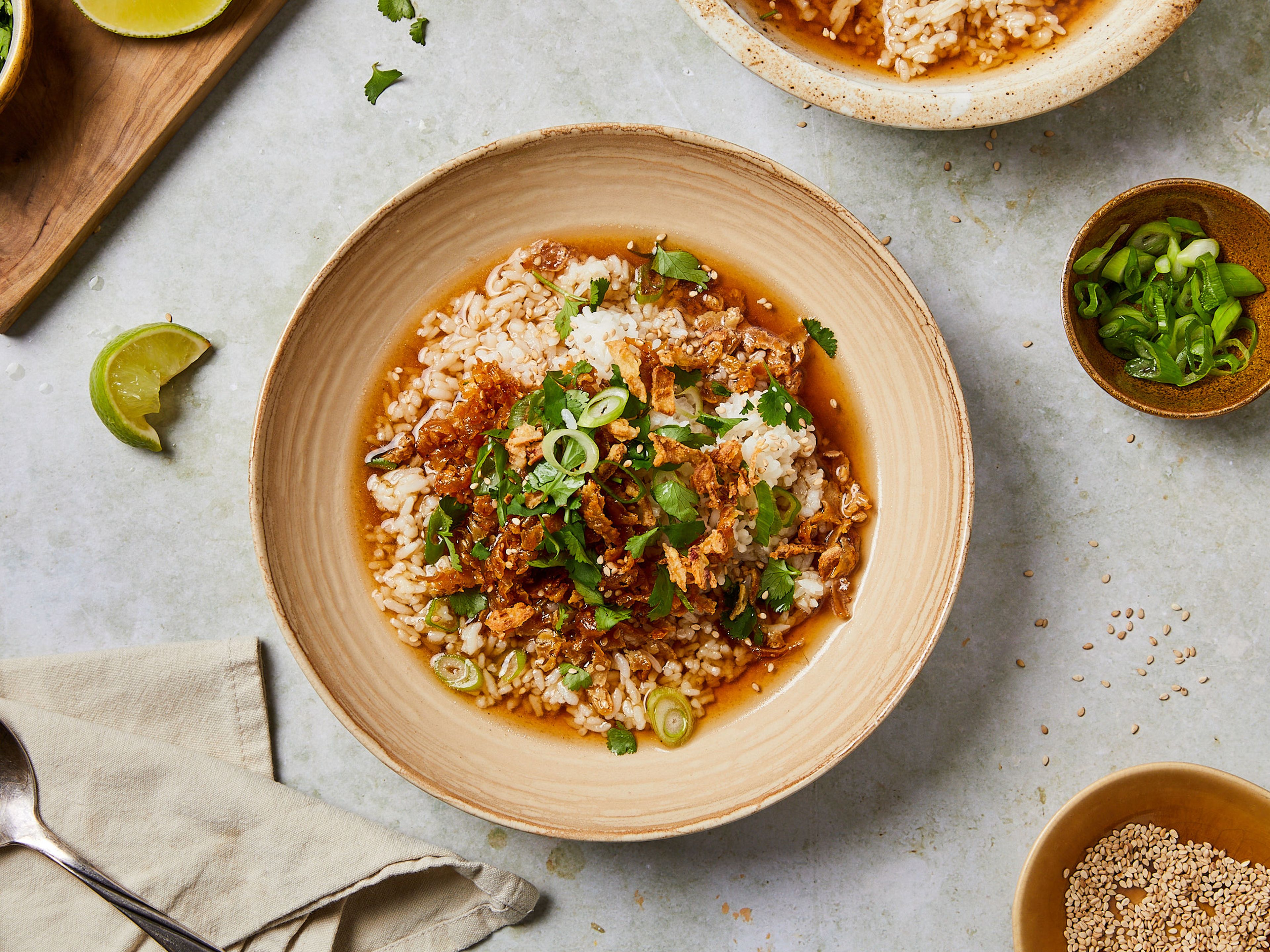 Vegan brothy rice with tofu mince