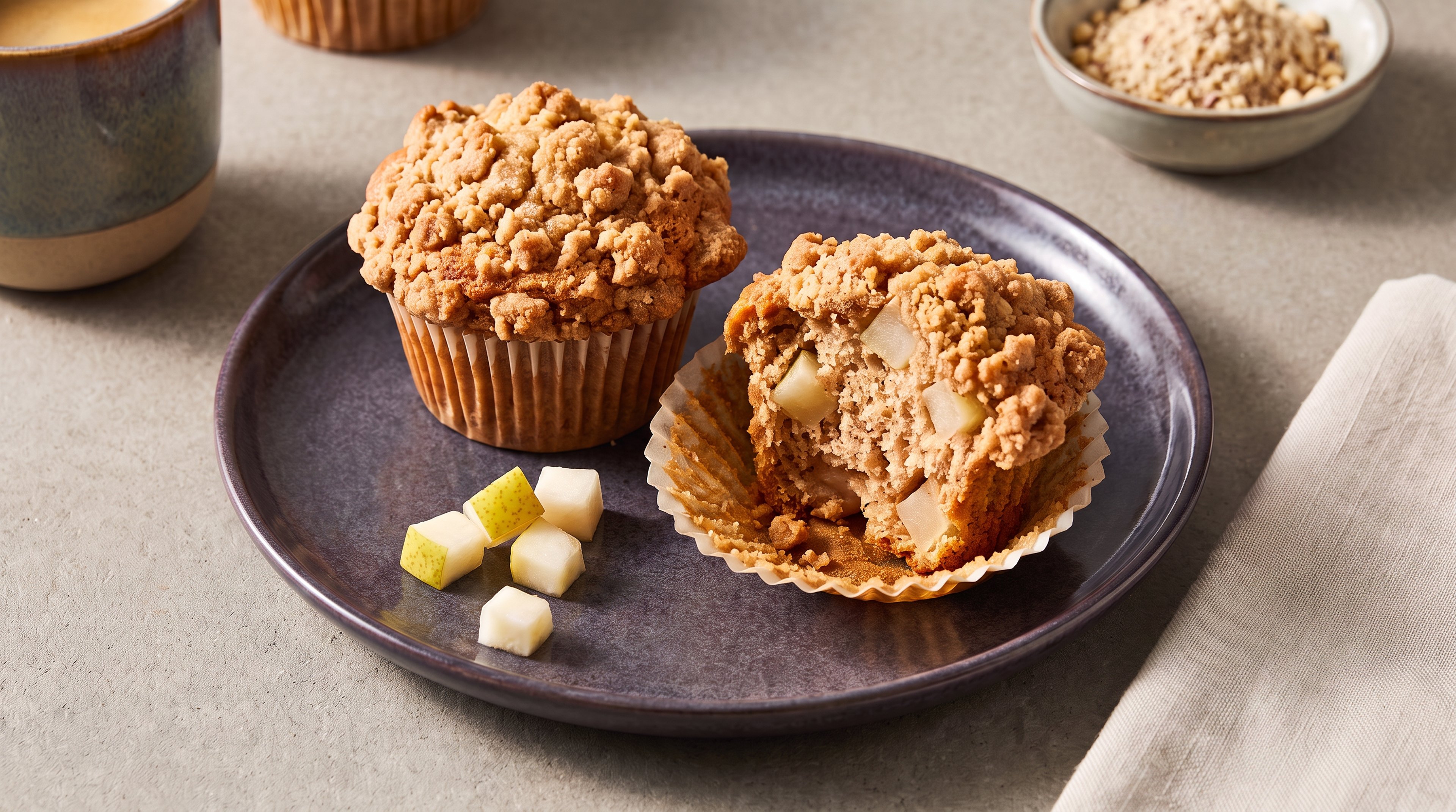 Saftige Birnen-Muffins mit Haselnuss-Streuseln