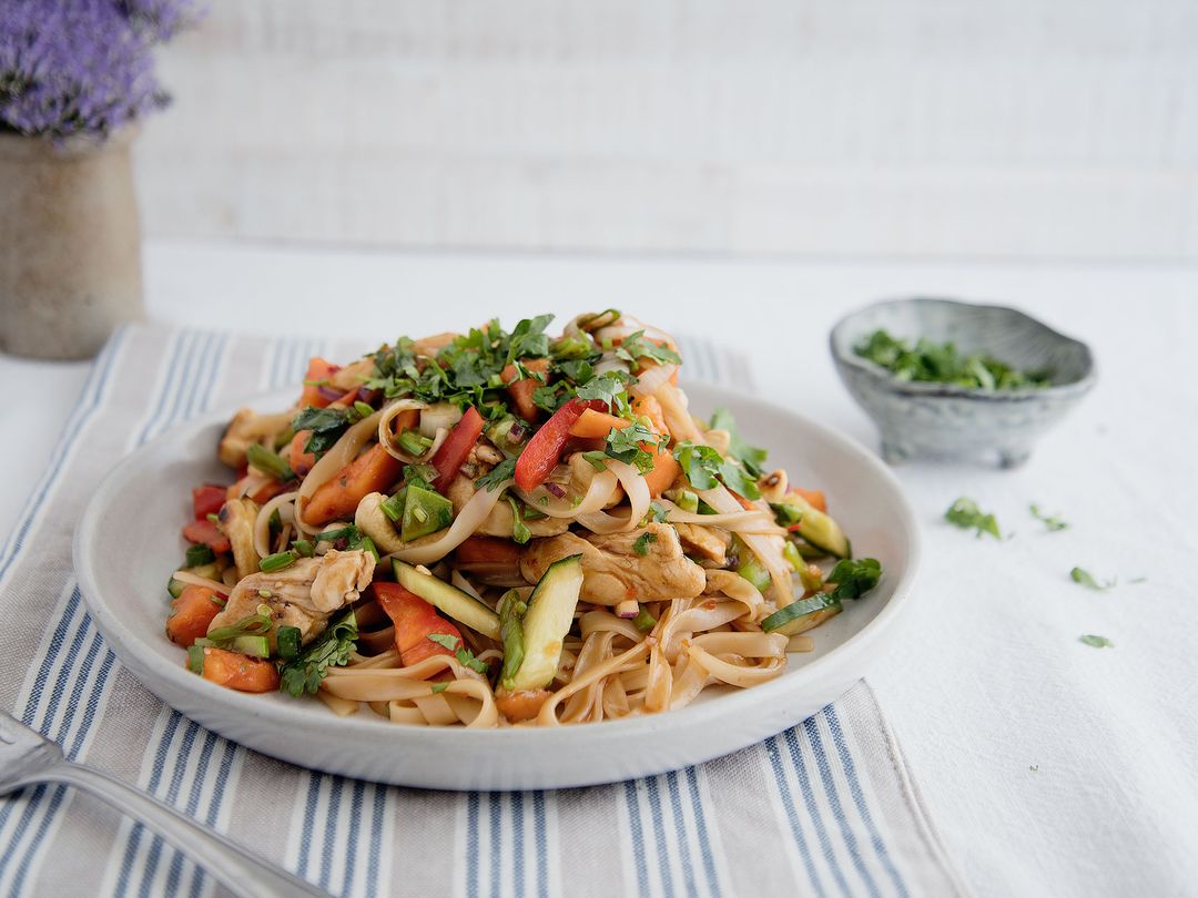 Asian-spiced chicken and rice noodle salad