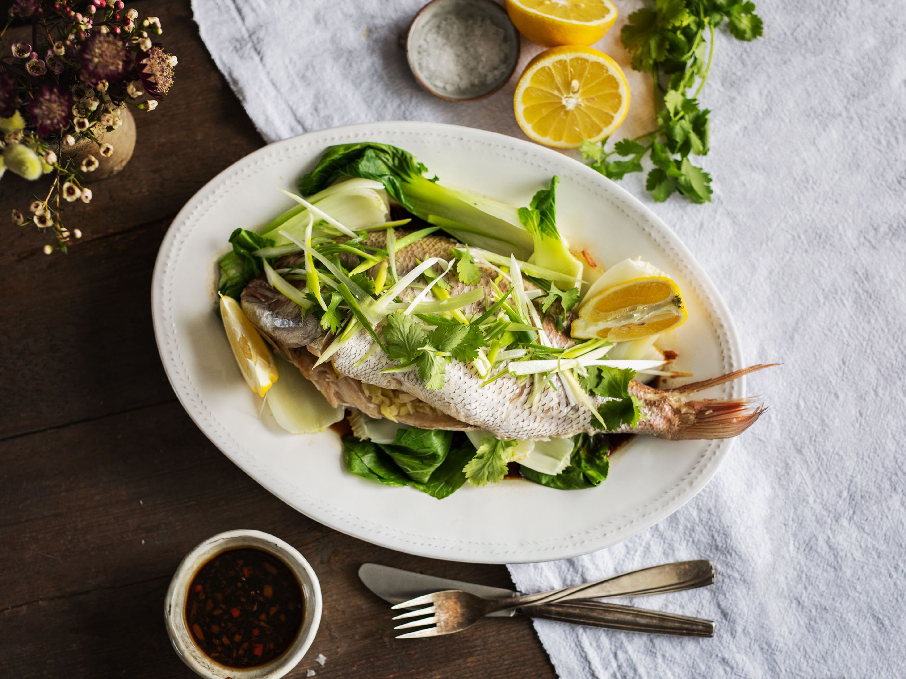 Steamed fish with bok choy