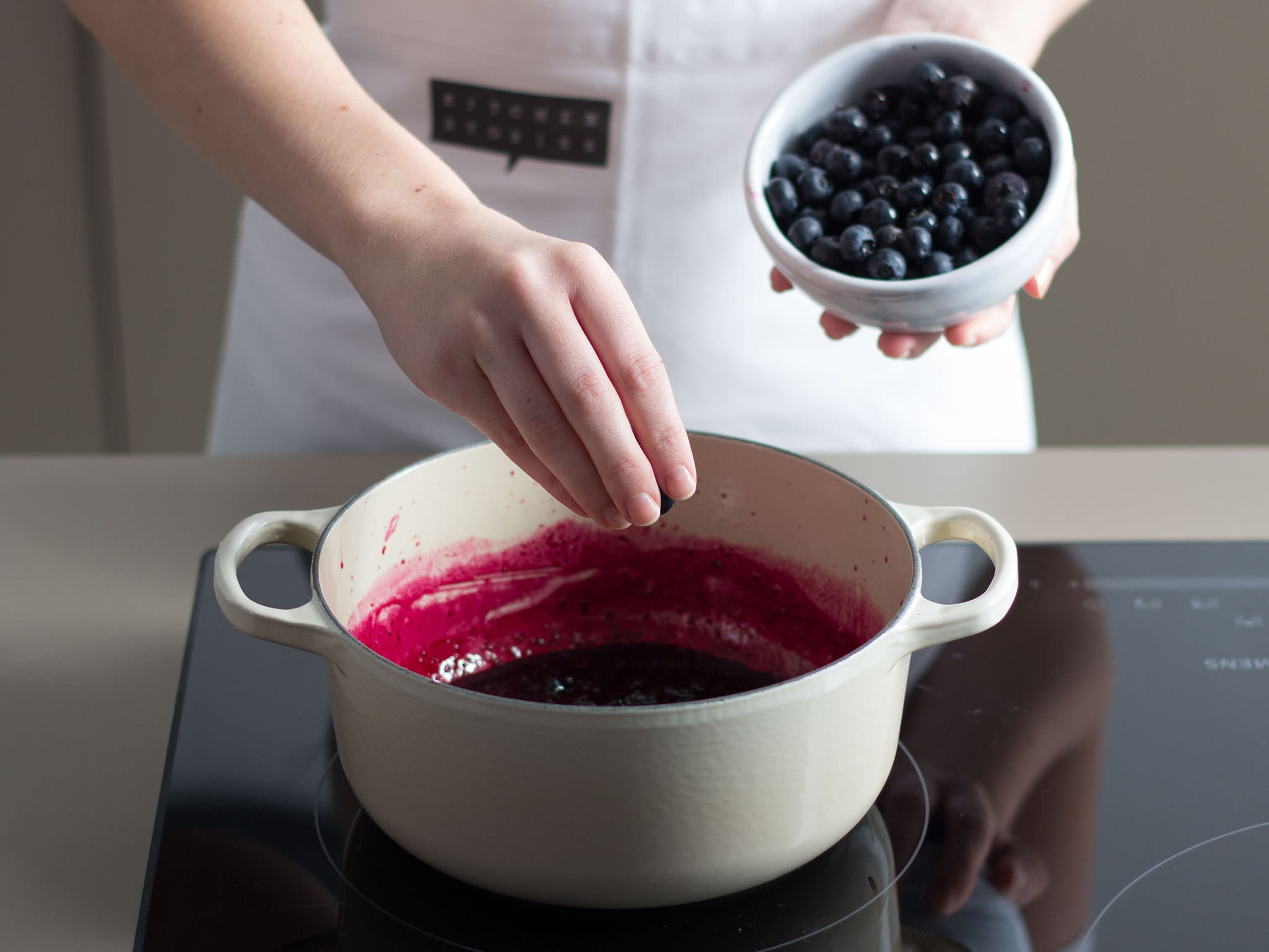 Add fresh blueberries to pan and continue to cook for another 1 – 2 min.