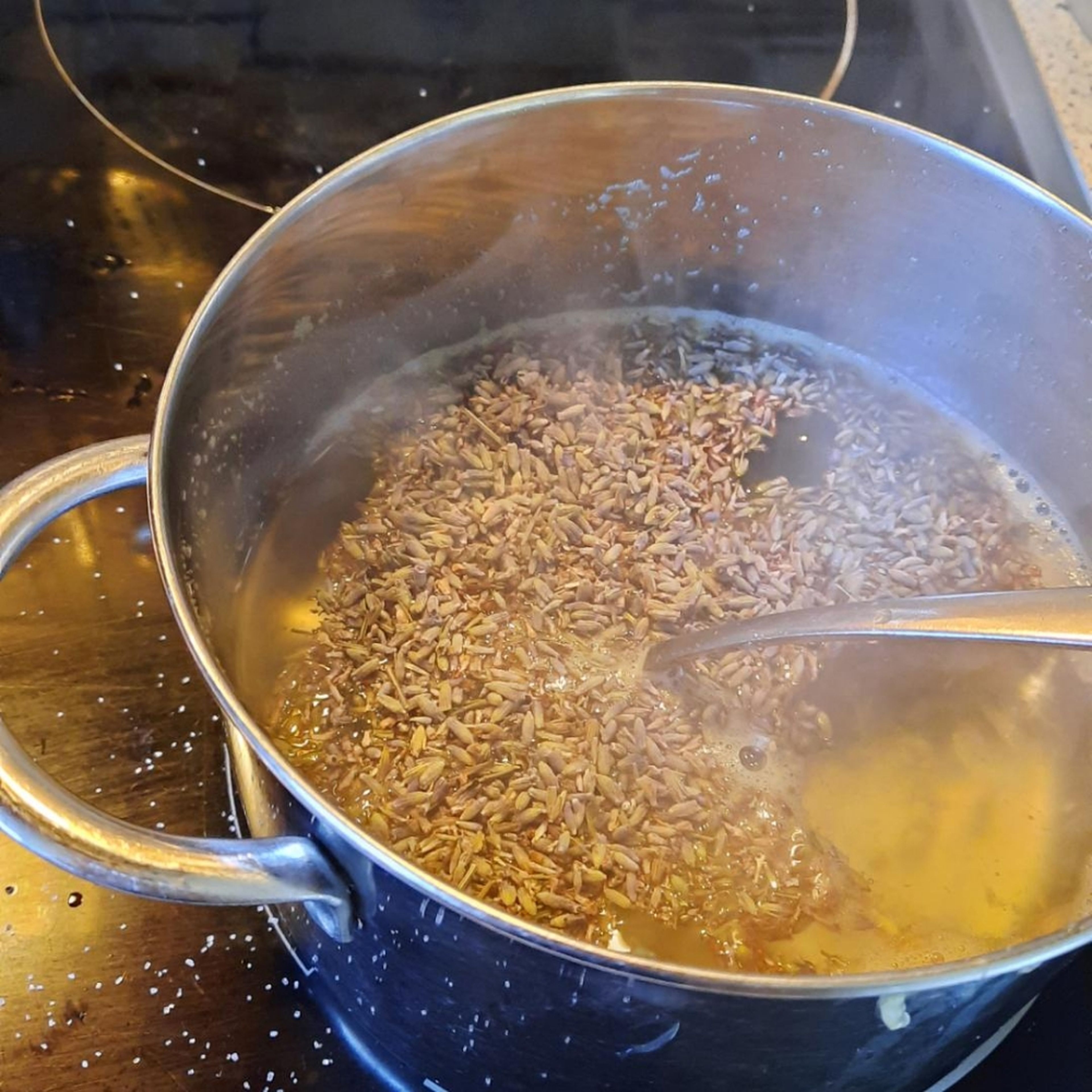 Add lavender and remove pot from heat. Let the lavender syrup steep for 10-15 min. Pass the syrup through a sieve (leaving the lavender in will render it bitter) Let cool for at least 2 hrs.