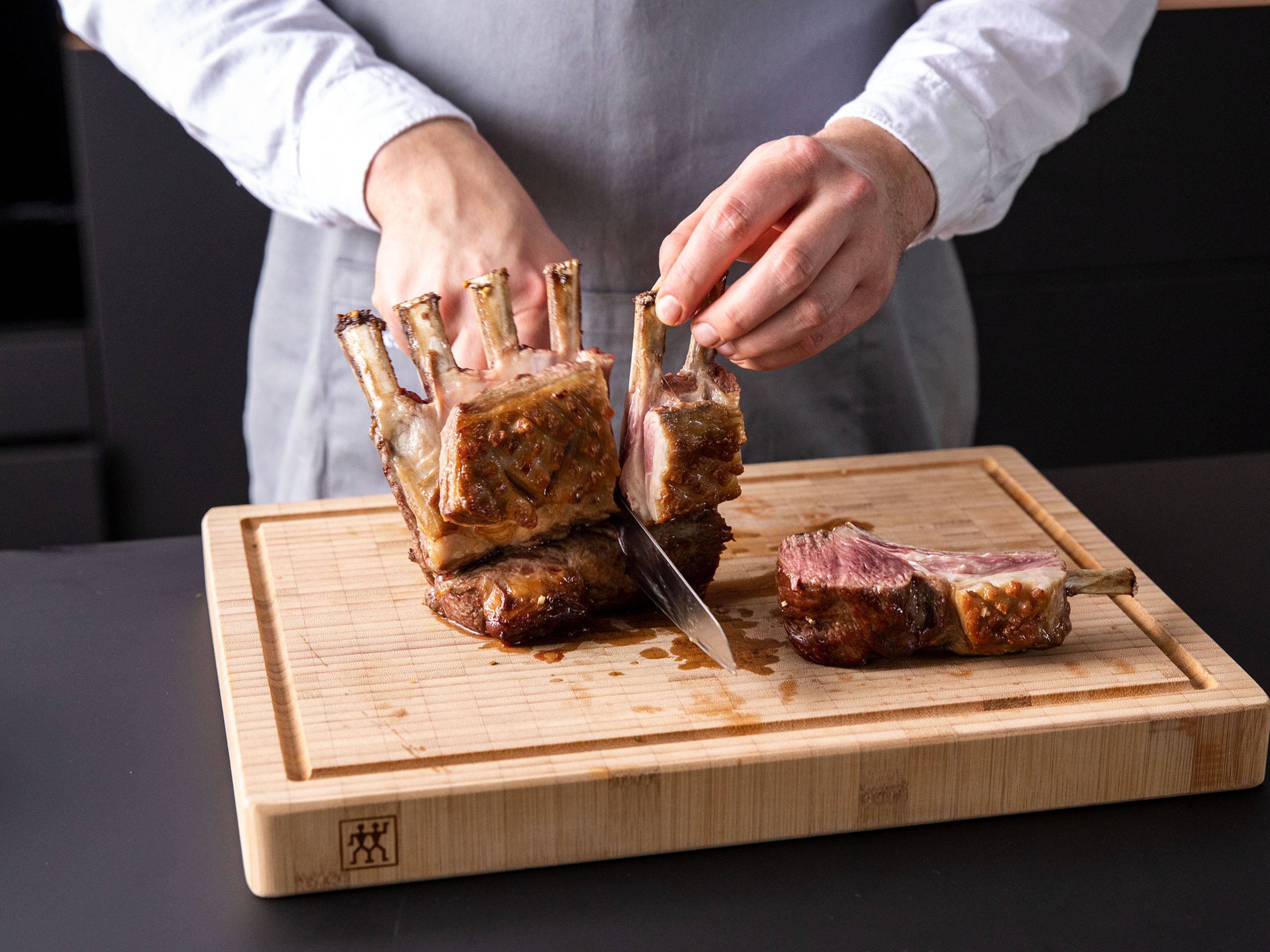 Slice the lamb into chops and serve with mint sauce. Enjoy!
