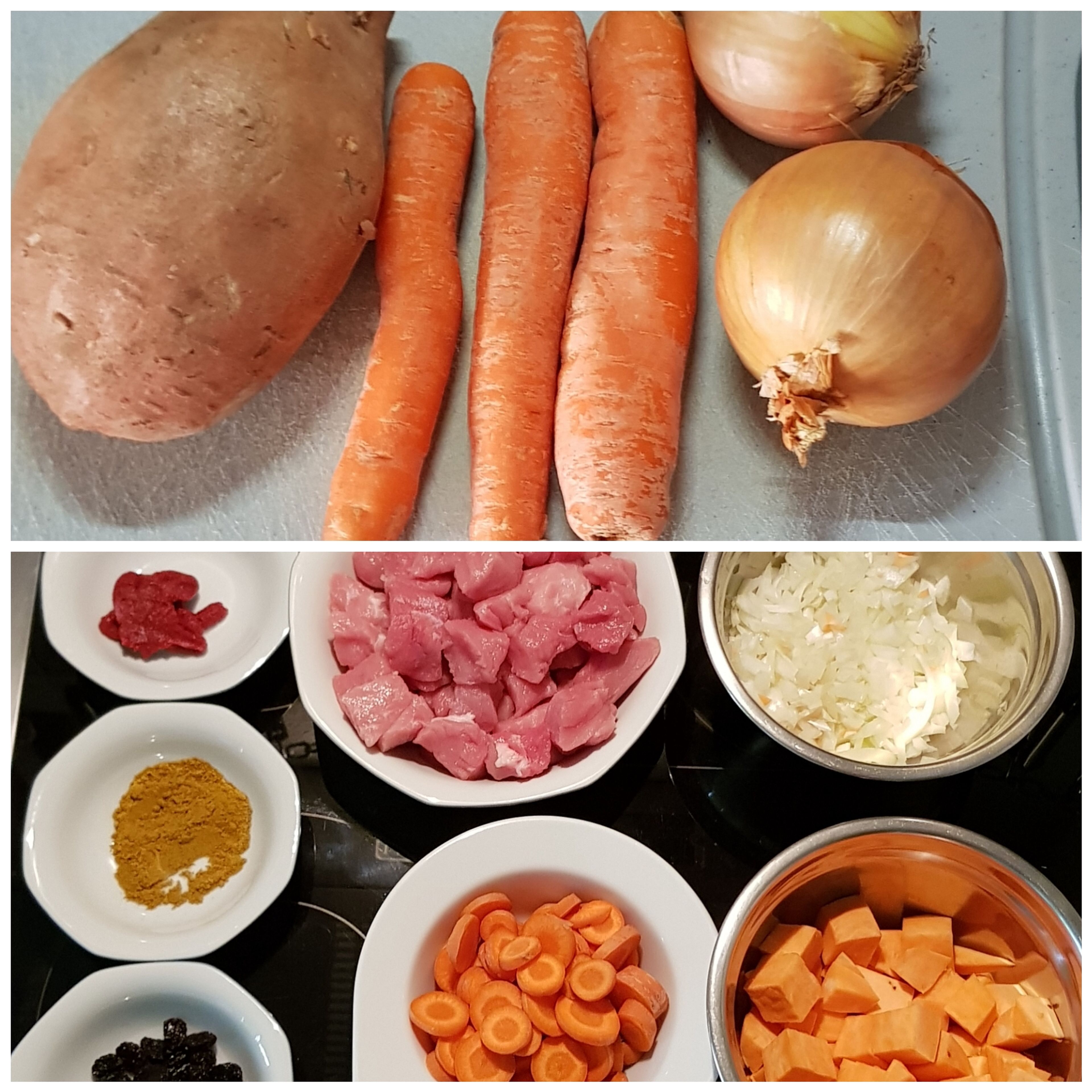 Fleisch in ca. 3 cm große Würfel schneiden.Zwiebel, Karotten,und Knoblauch waschen und würfeln.