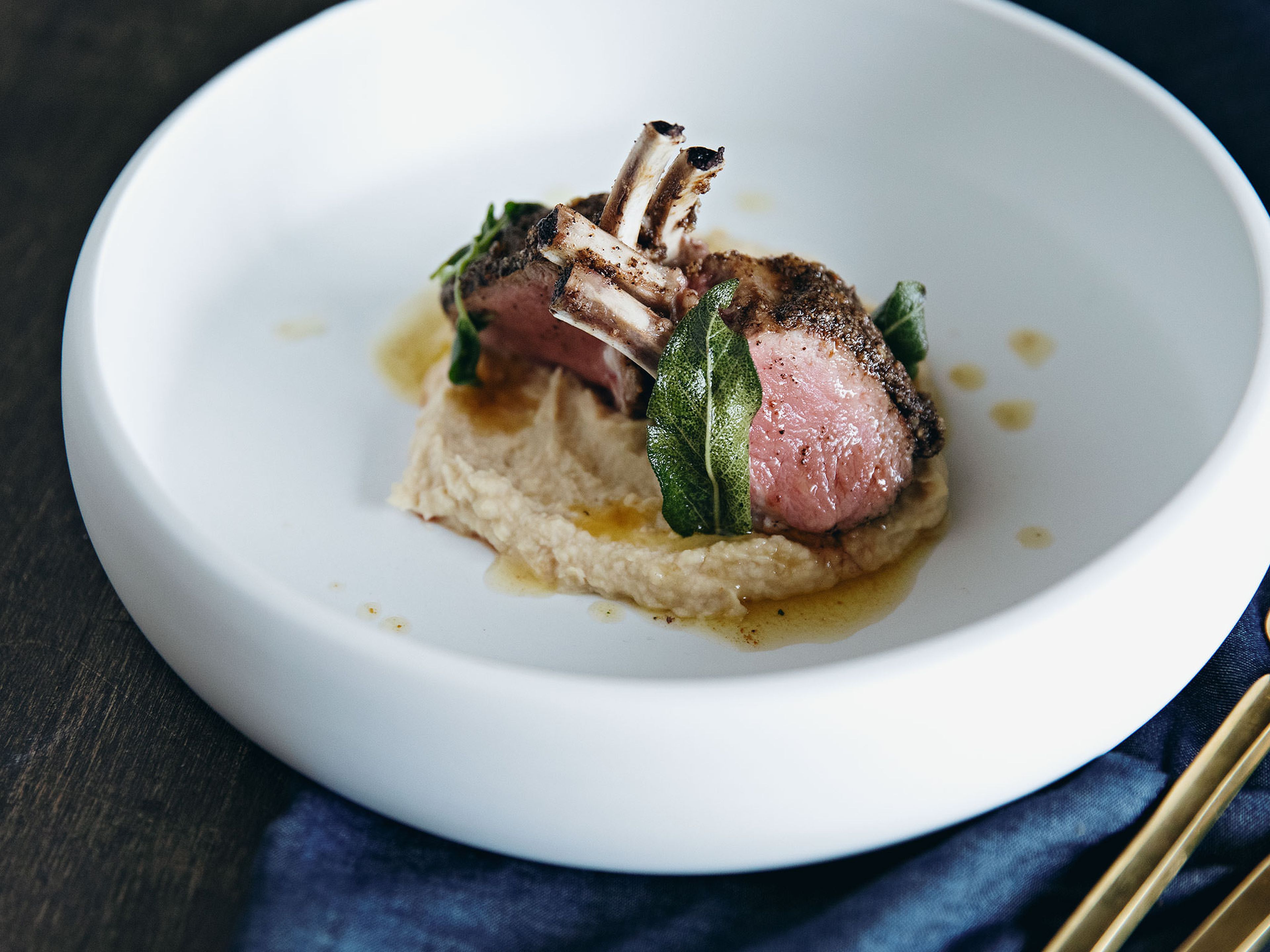 Coffee-crusted rack of lamb with white bean purée