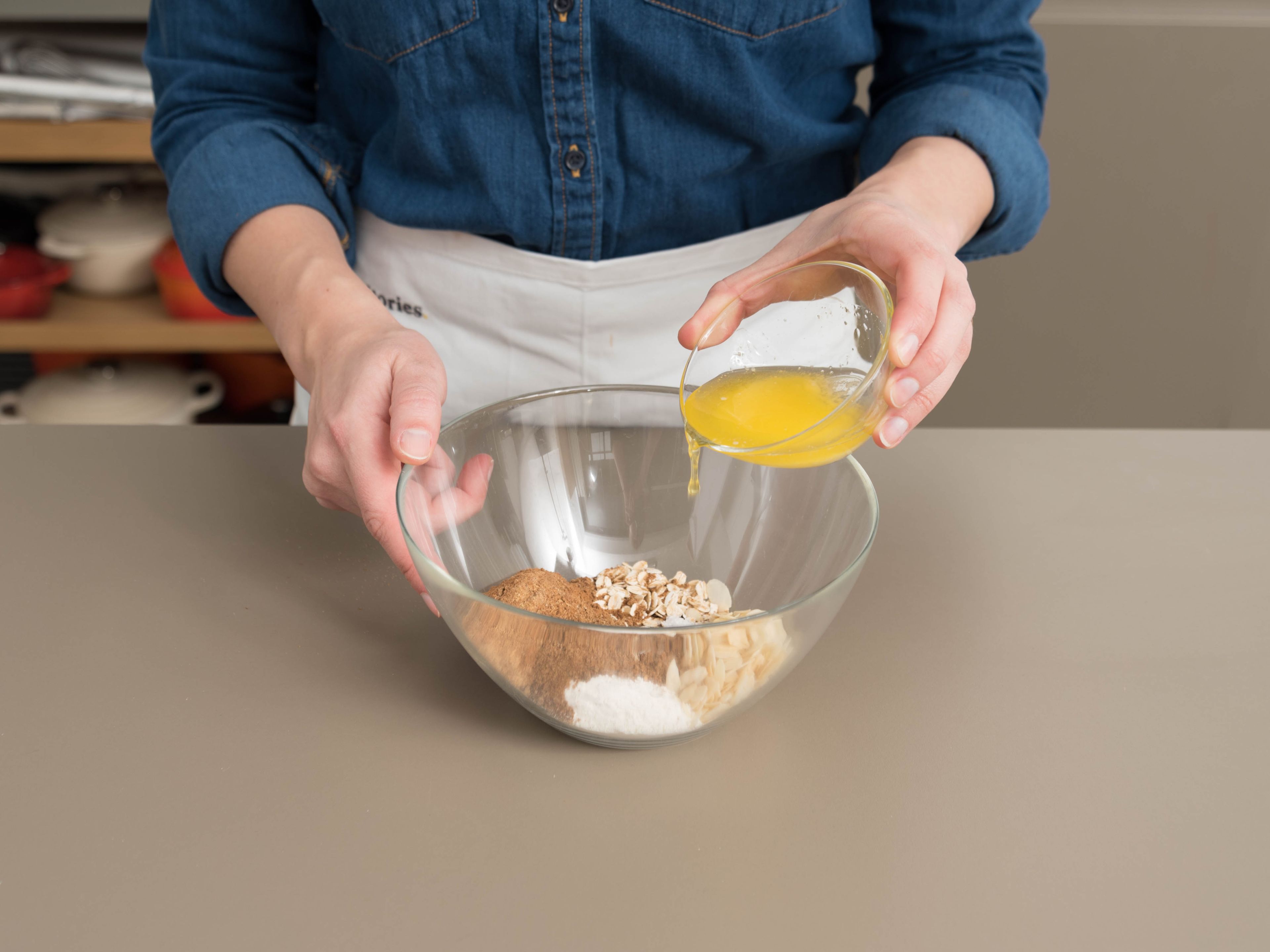 Melt butter in a small saucepan over medium-low heat. Toast almonds over medium heat until fragrant. Combine oats, some of the flour, toasted almonds, Muscovado sugar, salt, and most of the spice mixture in mixing bowl. Stir in butter until combined and crumbly.